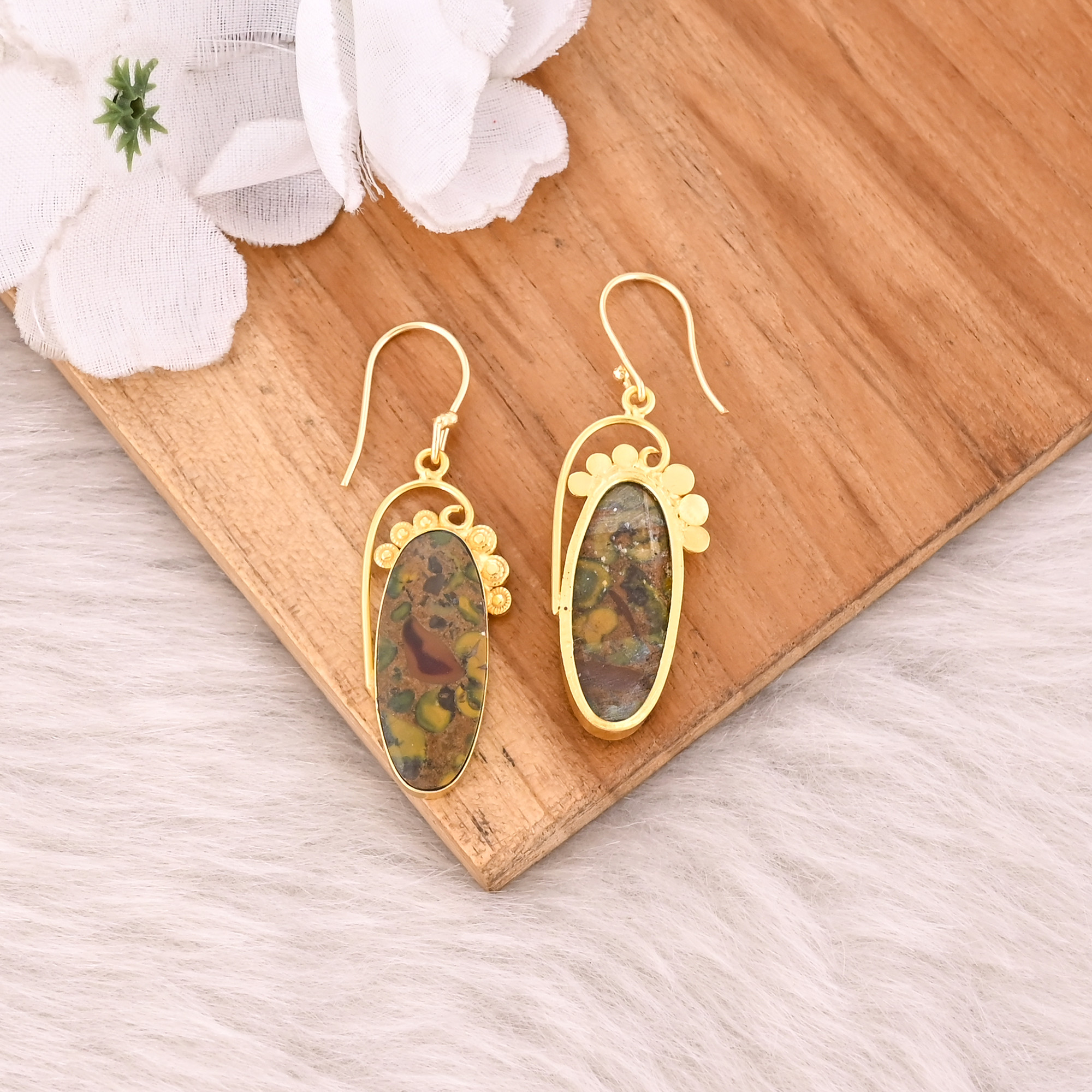 Fruit Jasper Gemstone Yellow Gold Plated Boho Designer Women Dangle Earring