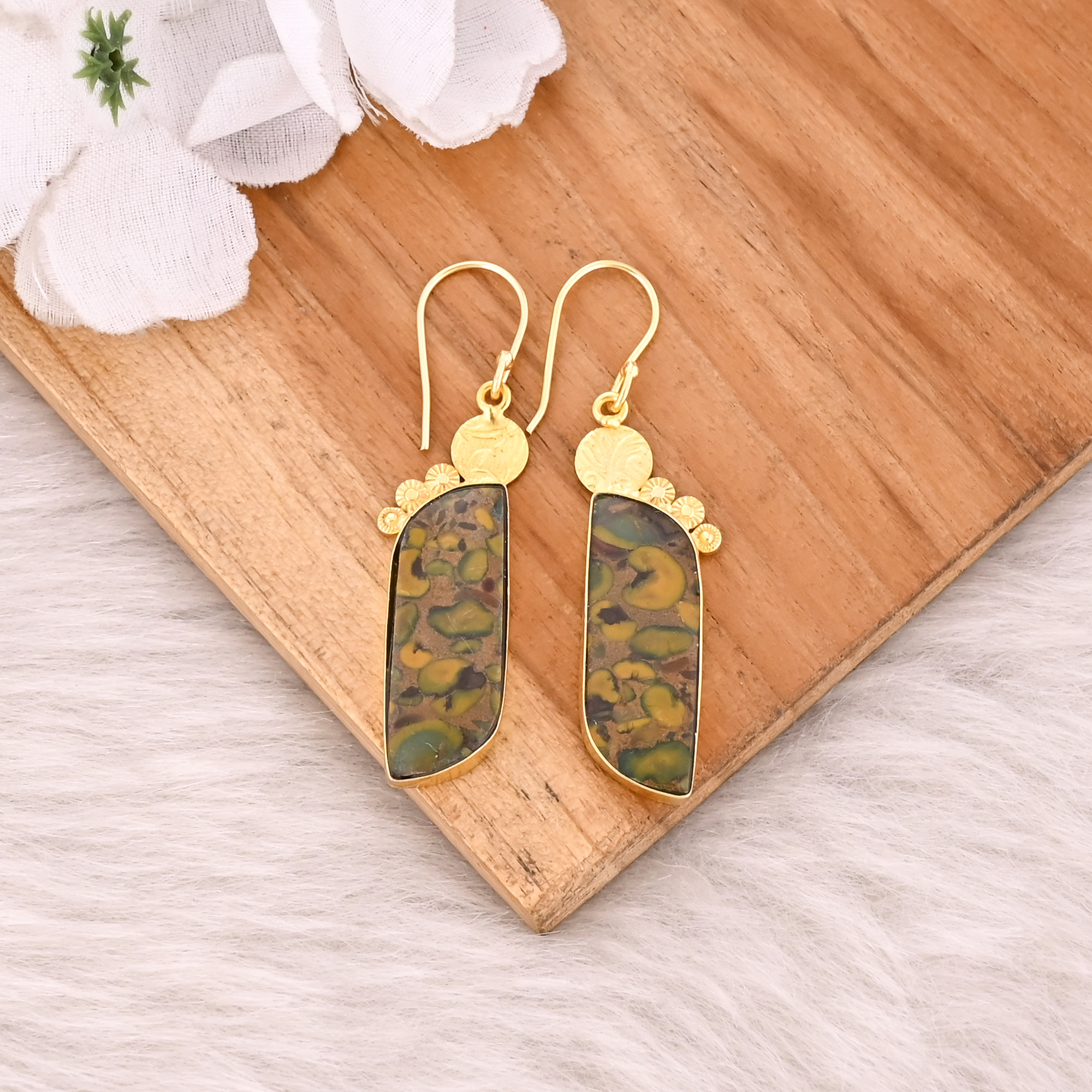 Handmade Boho Designer Earrings Yellow Gold-Plated Brass with Fruit Jasper Earring