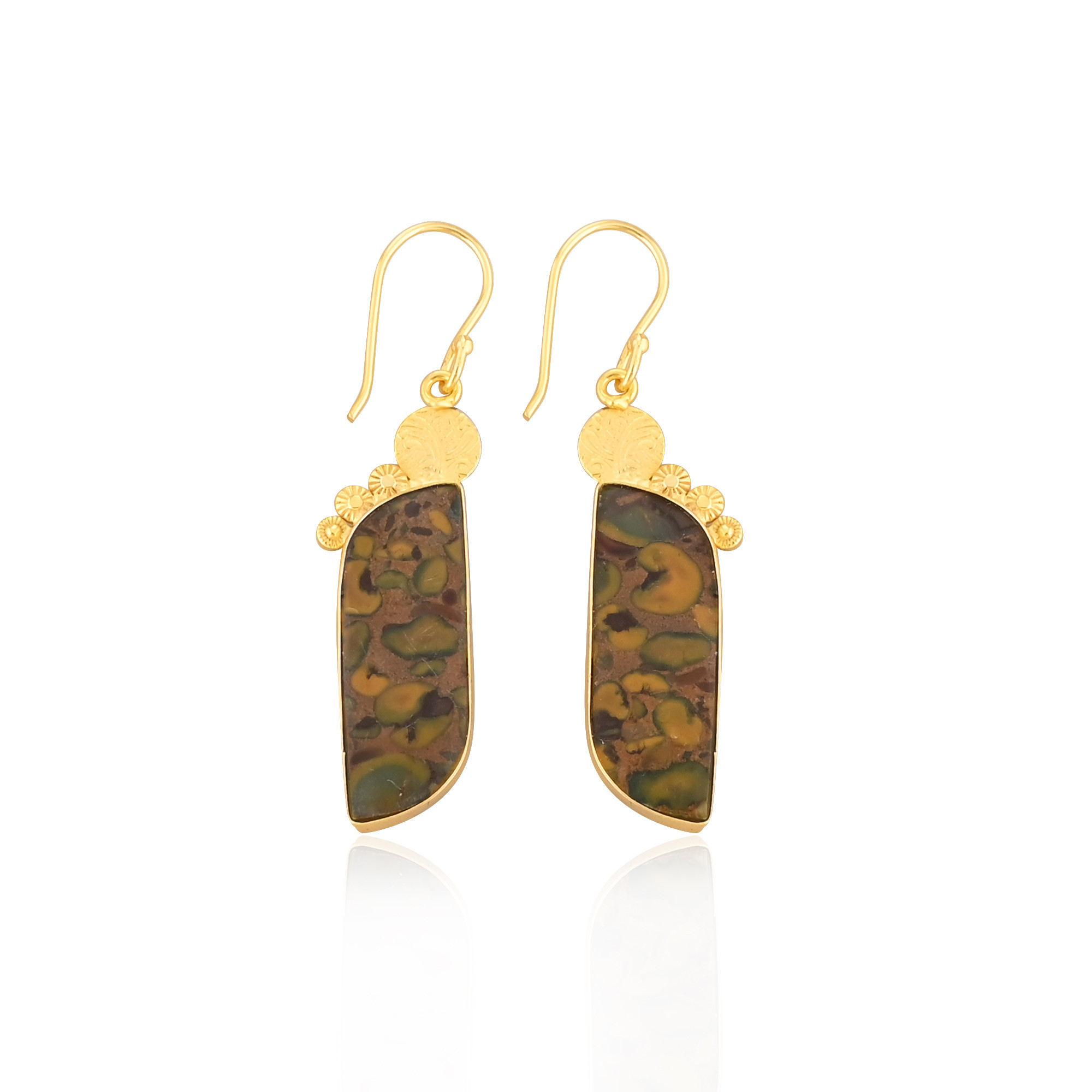 Handmade Boho Designer Earrings Yellow Gold-Plated Brass with Fruit Jasper Earring