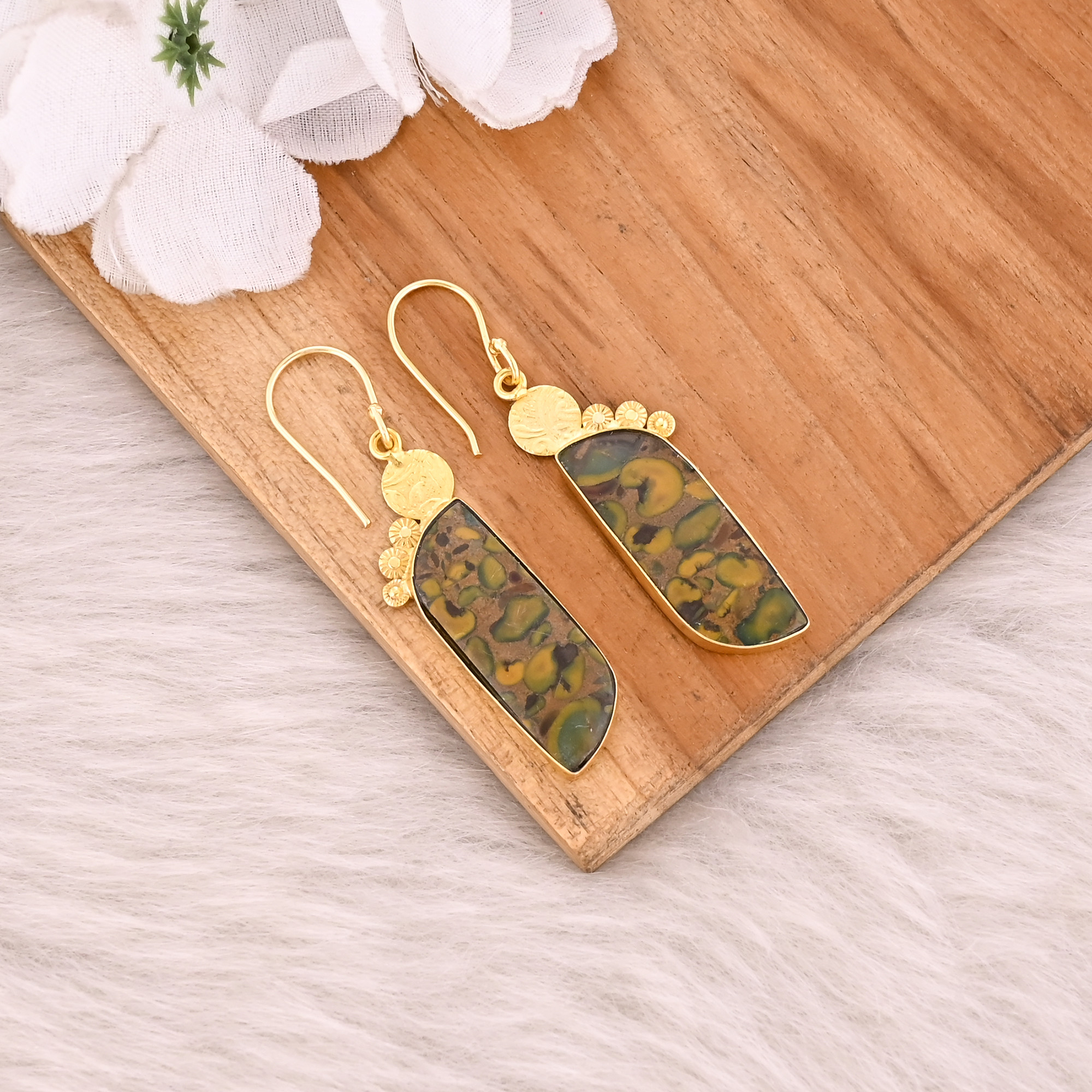Handmade Boho Designer Earrings Yellow Gold-Plated Brass with Fruit Jasper Earring