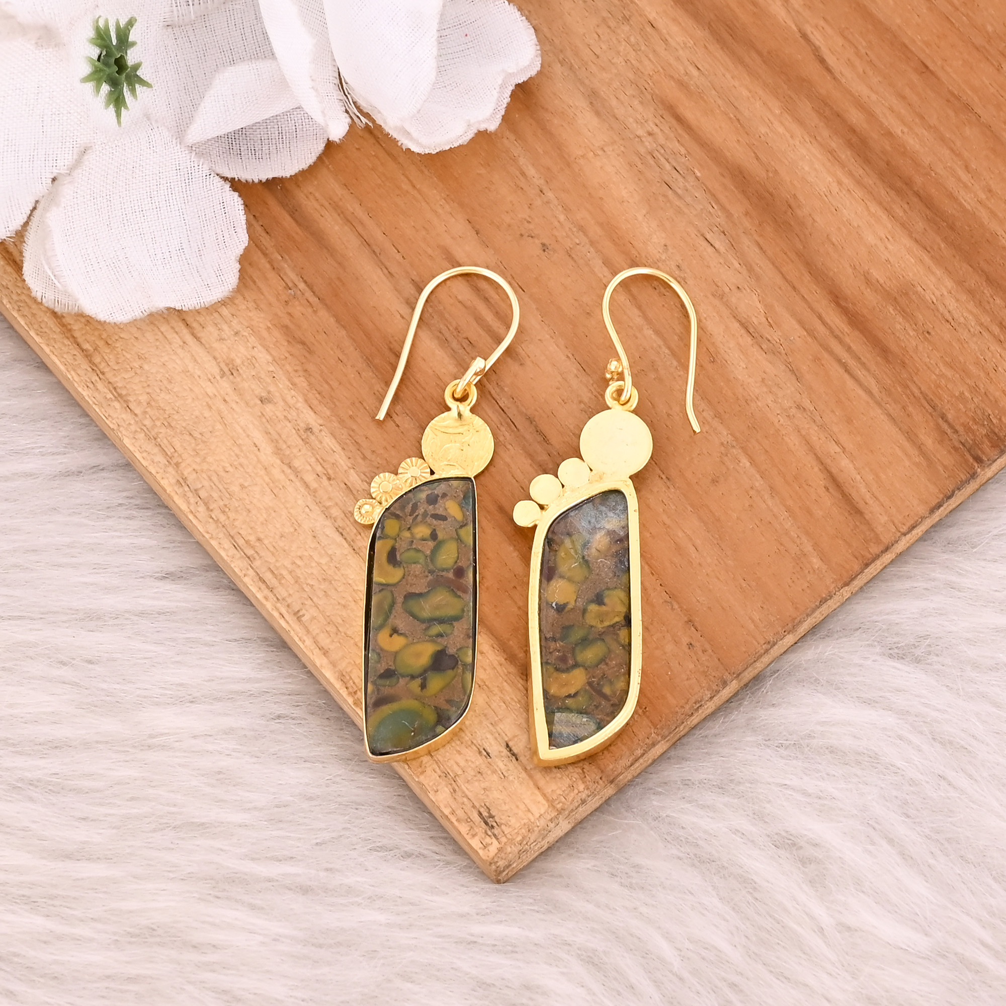 Handmade Boho Designer Earrings Yellow Gold-Plated Brass with Fruit Jasper Earring