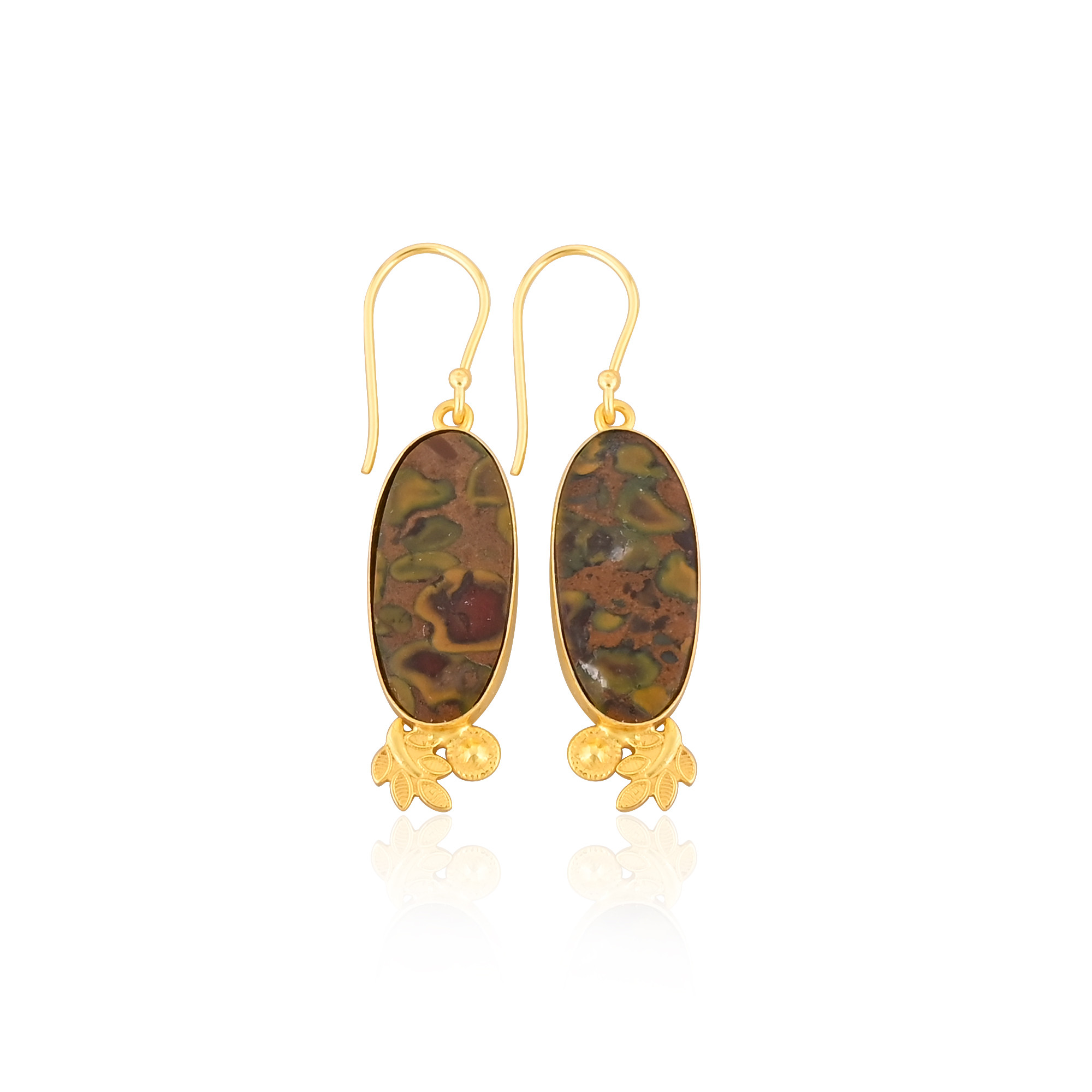 Fruit Jasper gemstone Solid 925 Sterling Silver Brass Dangle Yellow Gold Plated Earring