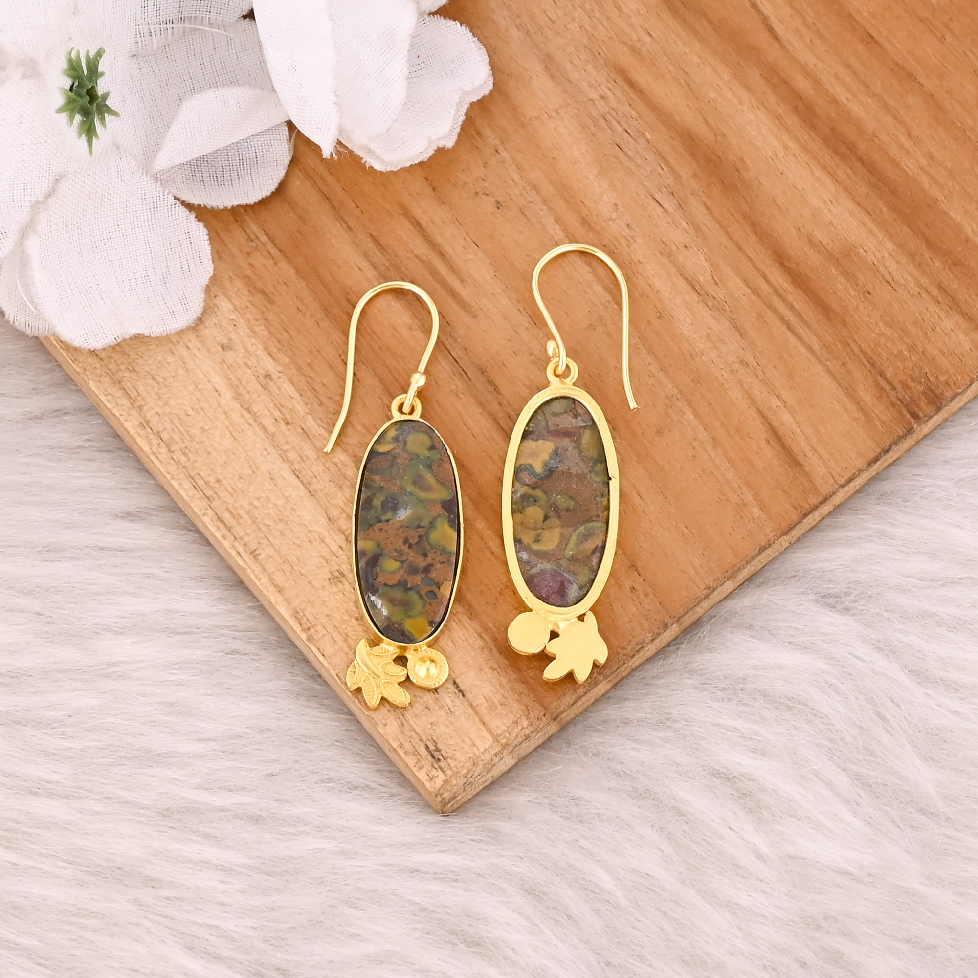 Fruit Jasper gemstone Solid 925 Sterling Silver Brass Dangle Yellow Gold Plated Earring