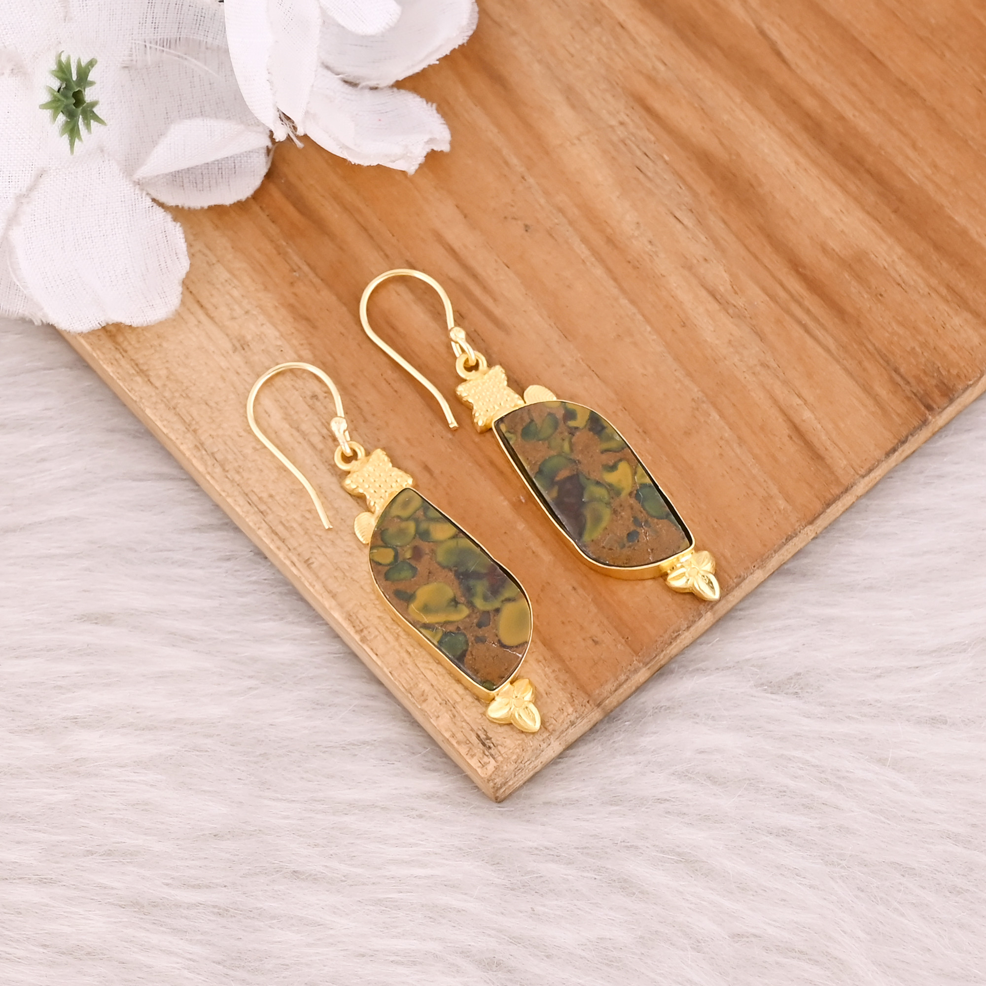 Yellow Gold Plated Fruit Jasper Gemstone Handmade Women Dangler Wholesale Earring