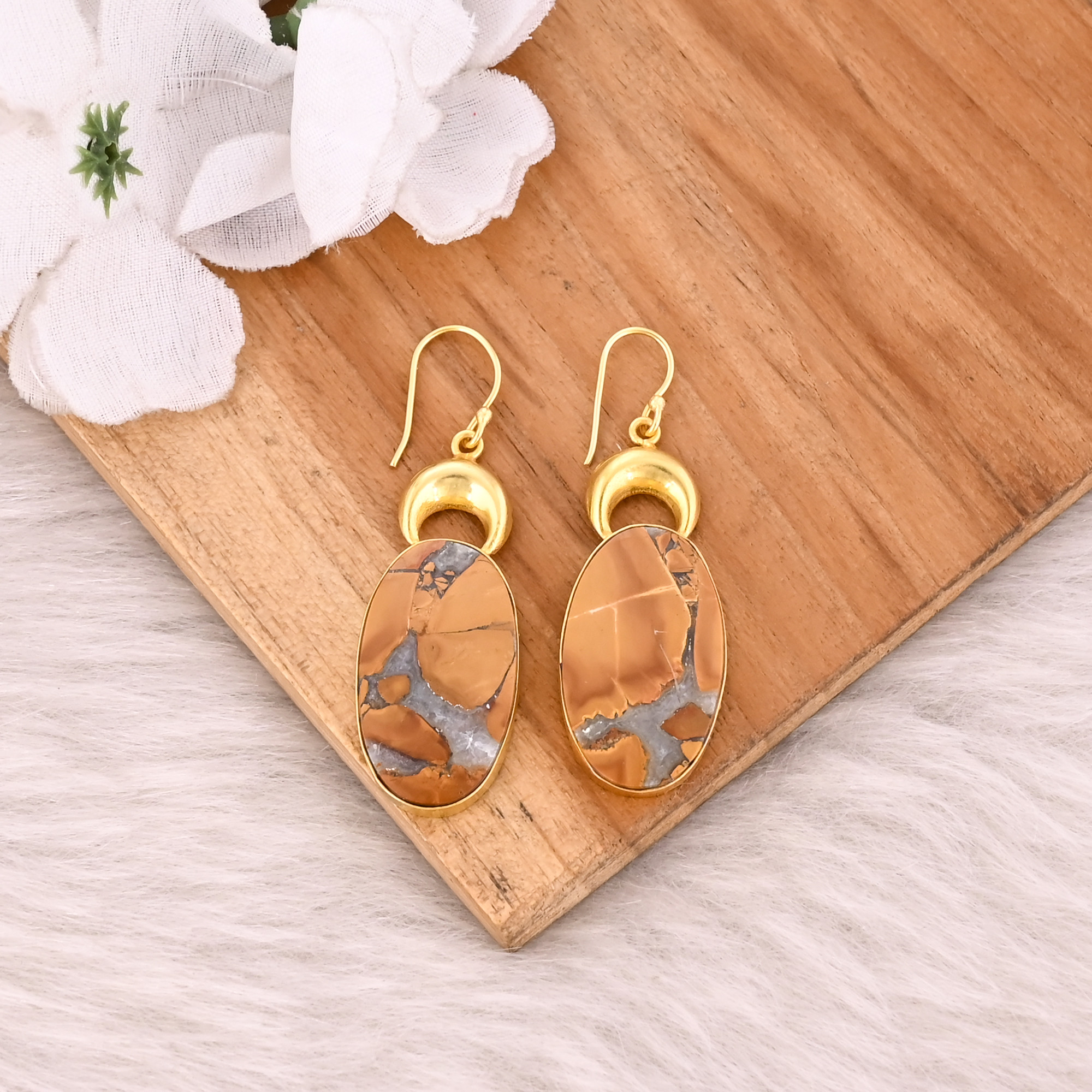 Yellow Gold Plated Brass Malinga Jasper Oval Gemstone Women Dangle Earring