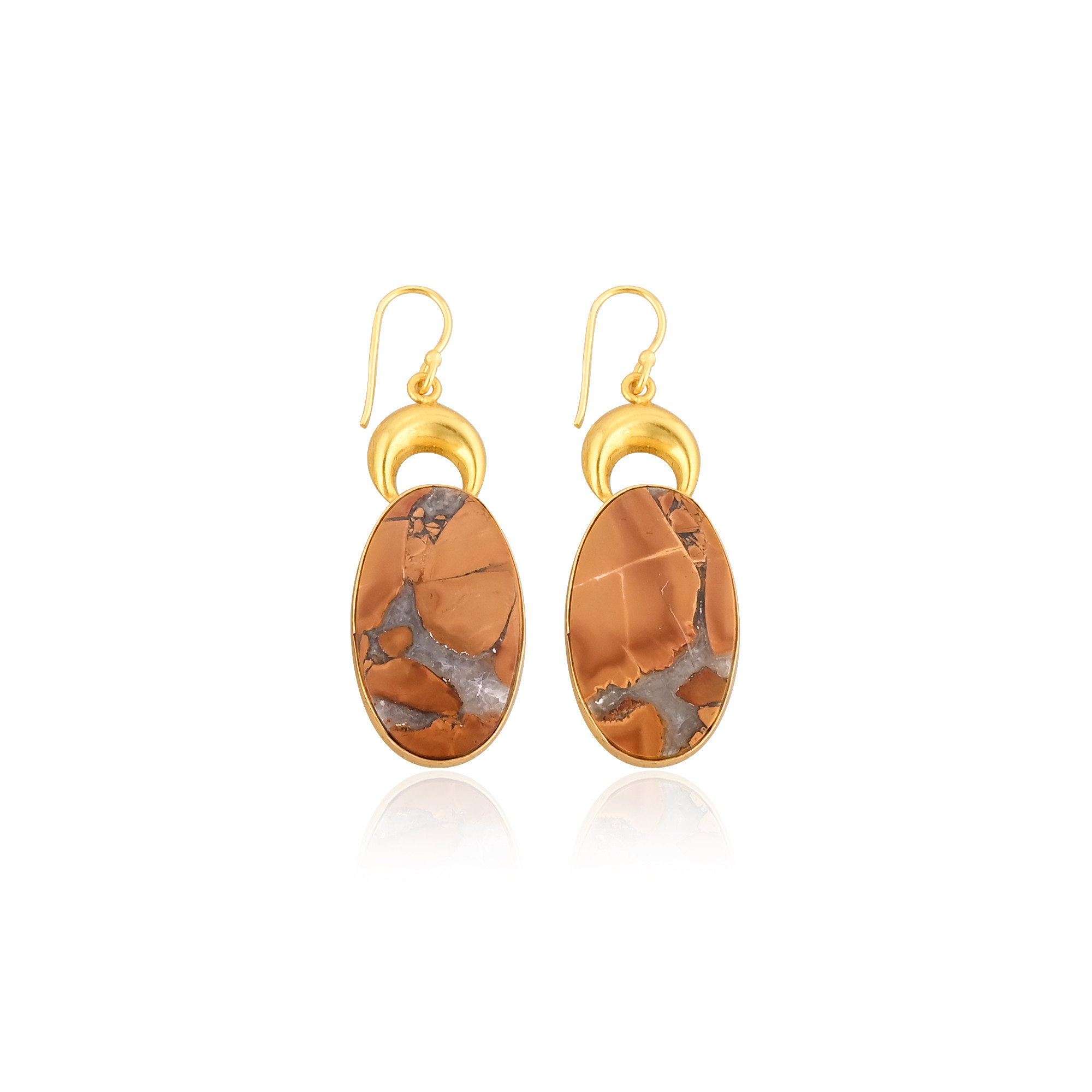 Yellow Gold Plated Brass Malinga Jasper Oval Gemstone Women Dangle Earring