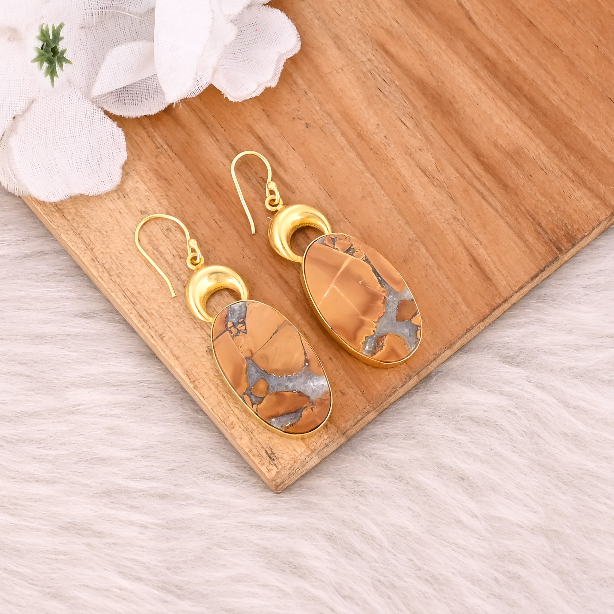 Yellow Gold Plated Brass Malinga Jasper Oval Gemstone Women Dangle Earring
