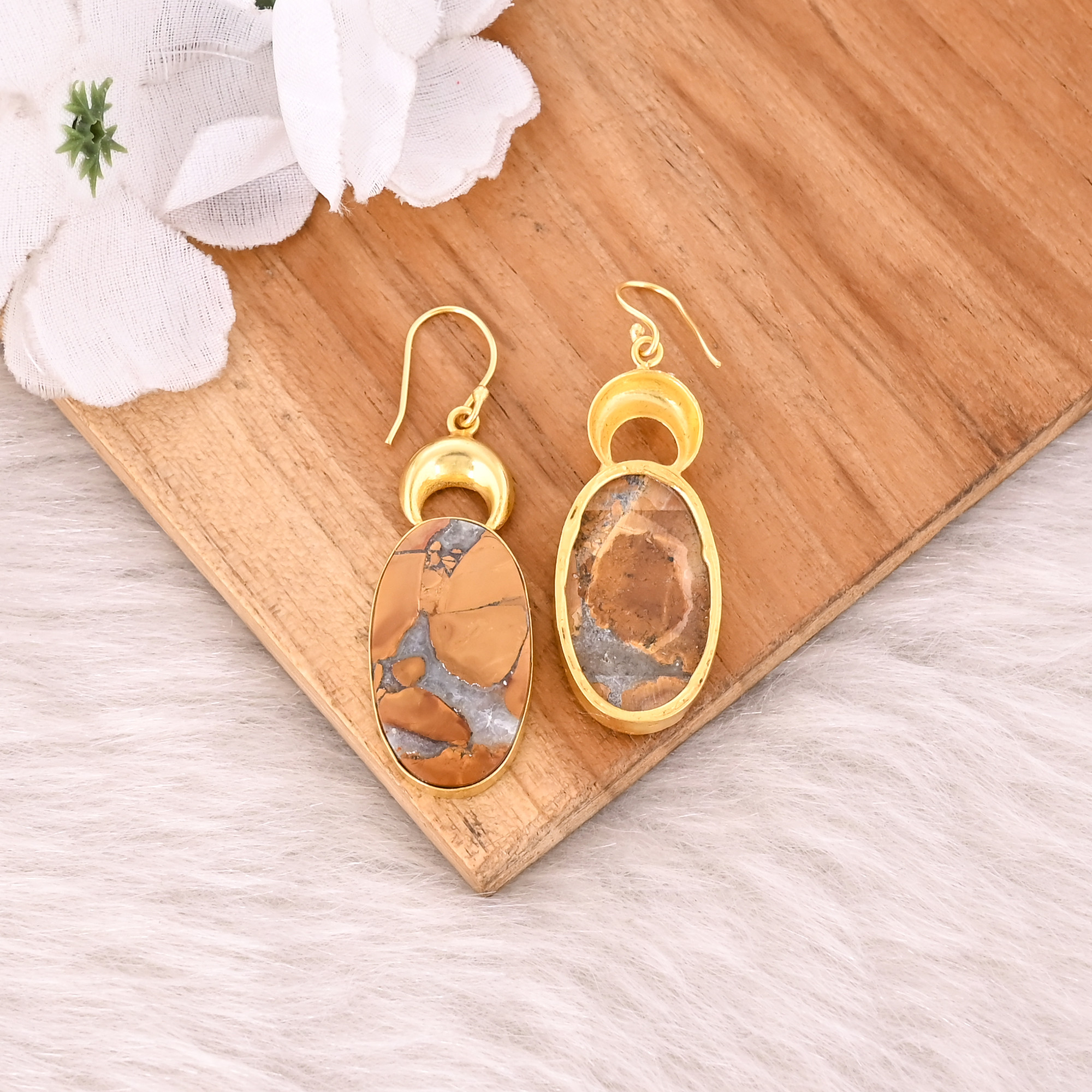 Yellow Gold Plated Brass Malinga Jasper Oval Gemstone Women Dangle Earring