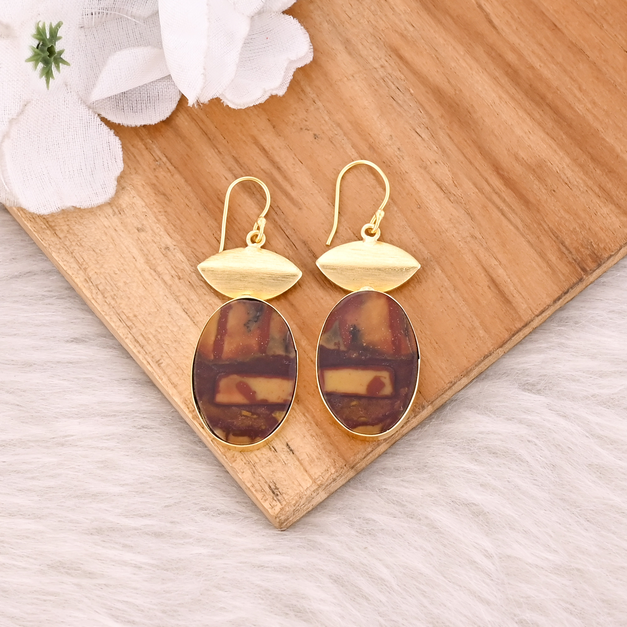 Yellow Gold Plated Brass Handmade Boho Designer Malinga Jasper Gemstone Dangle Earring Jewelry