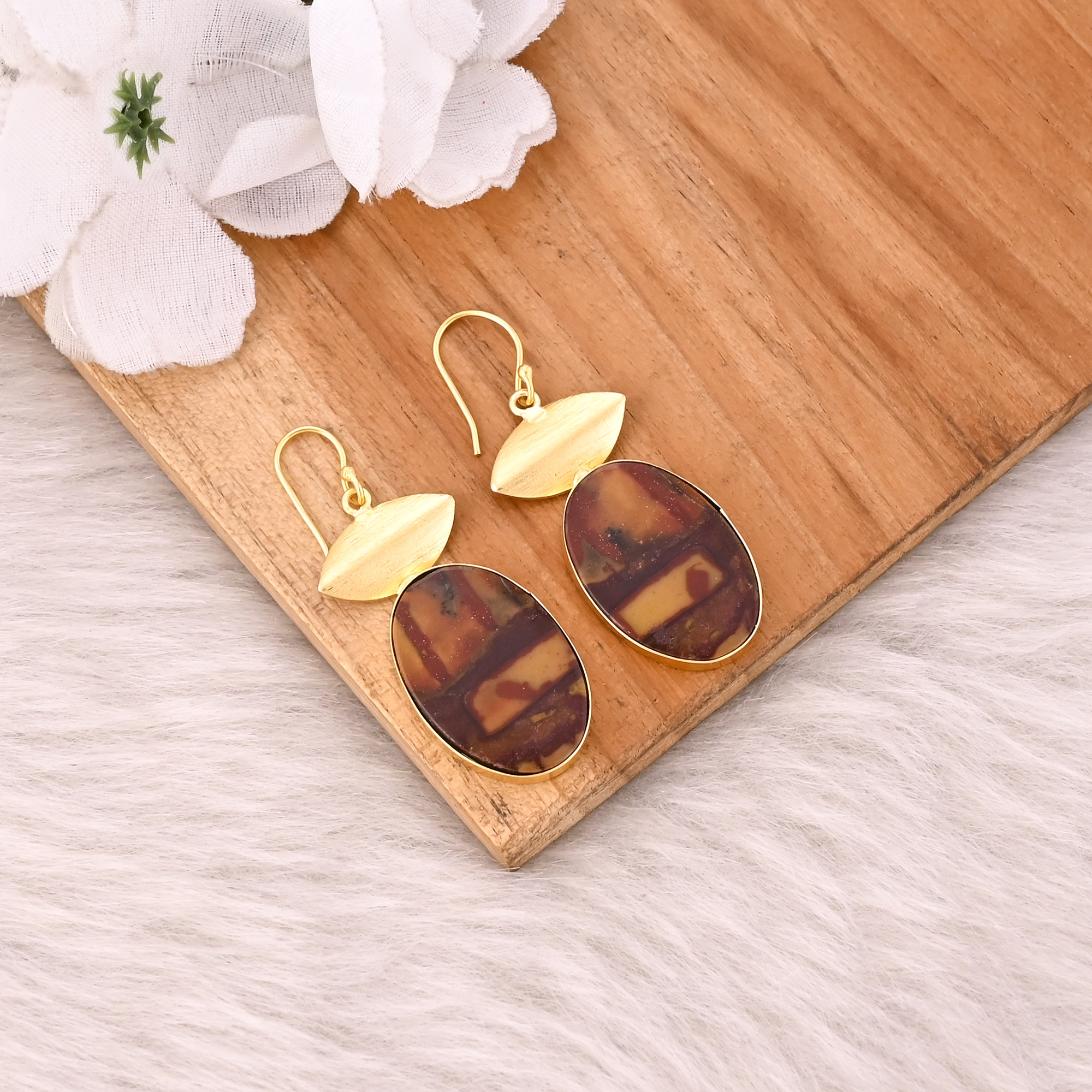Yellow Gold Plated Brass Handmade Boho Designer Malinga Jasper Gemstone Dangle Earring Jewelry