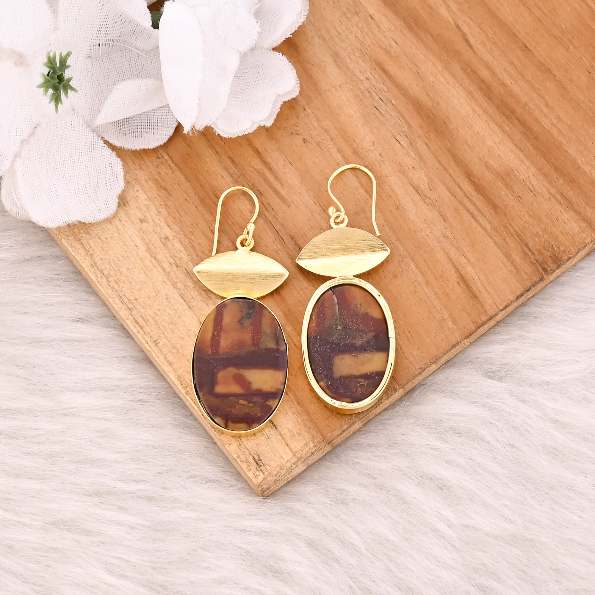 Yellow Gold Plated Brass Handmade Boho Designer Malinga Jasper Gemstone Dangle Earring Jewelry