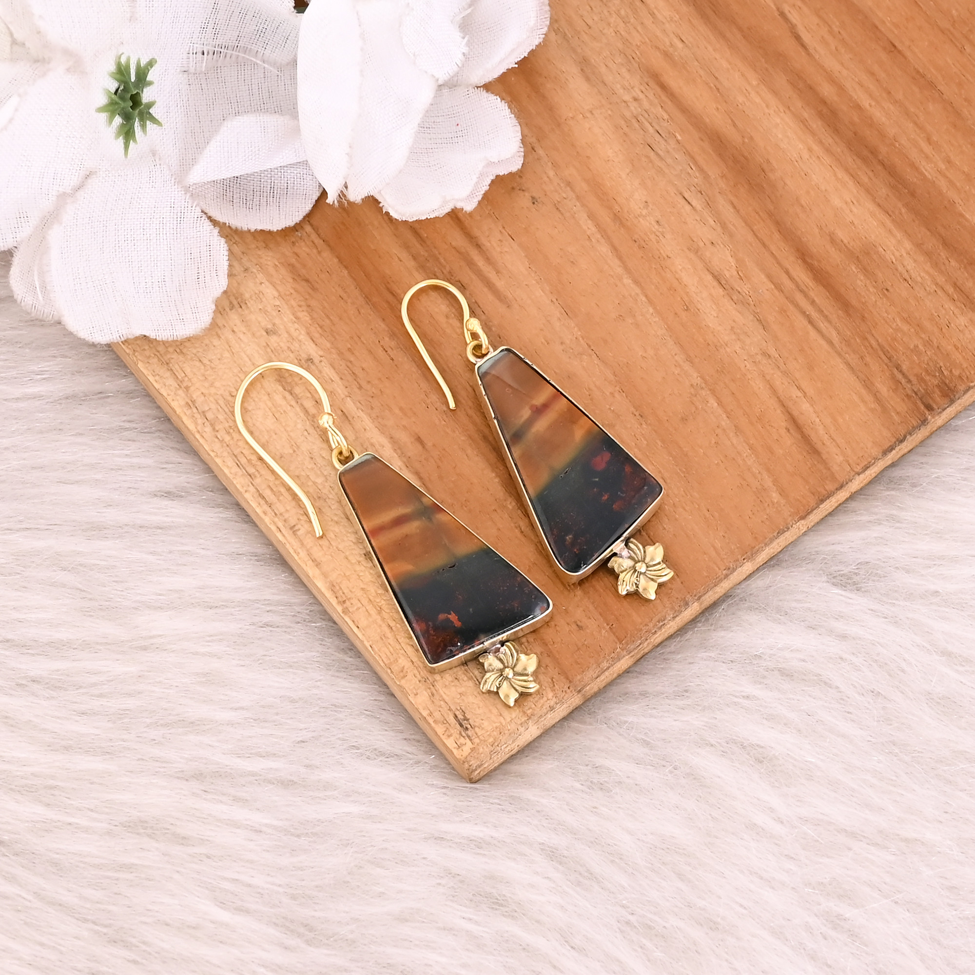 Malinga Jasper Gemstone Yellow Gold Plated Handmade Designer Dangle Earring