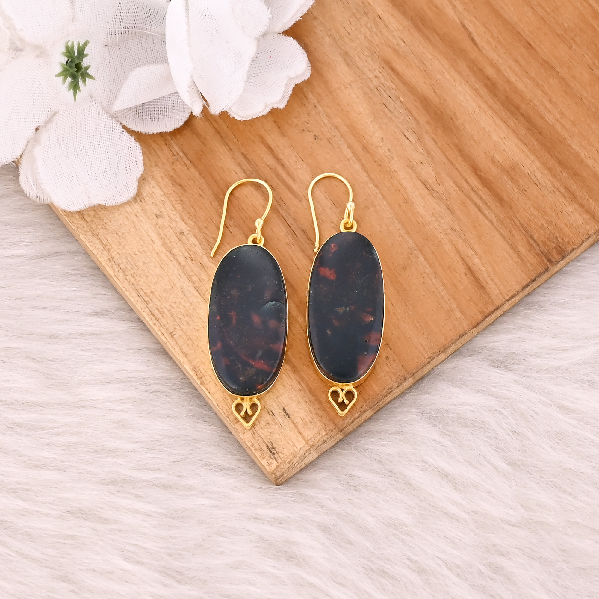 Blood Stone Handmade Brass Yellow Gold Plated Oval Shape Dangler Earring Wholesale Jewelry