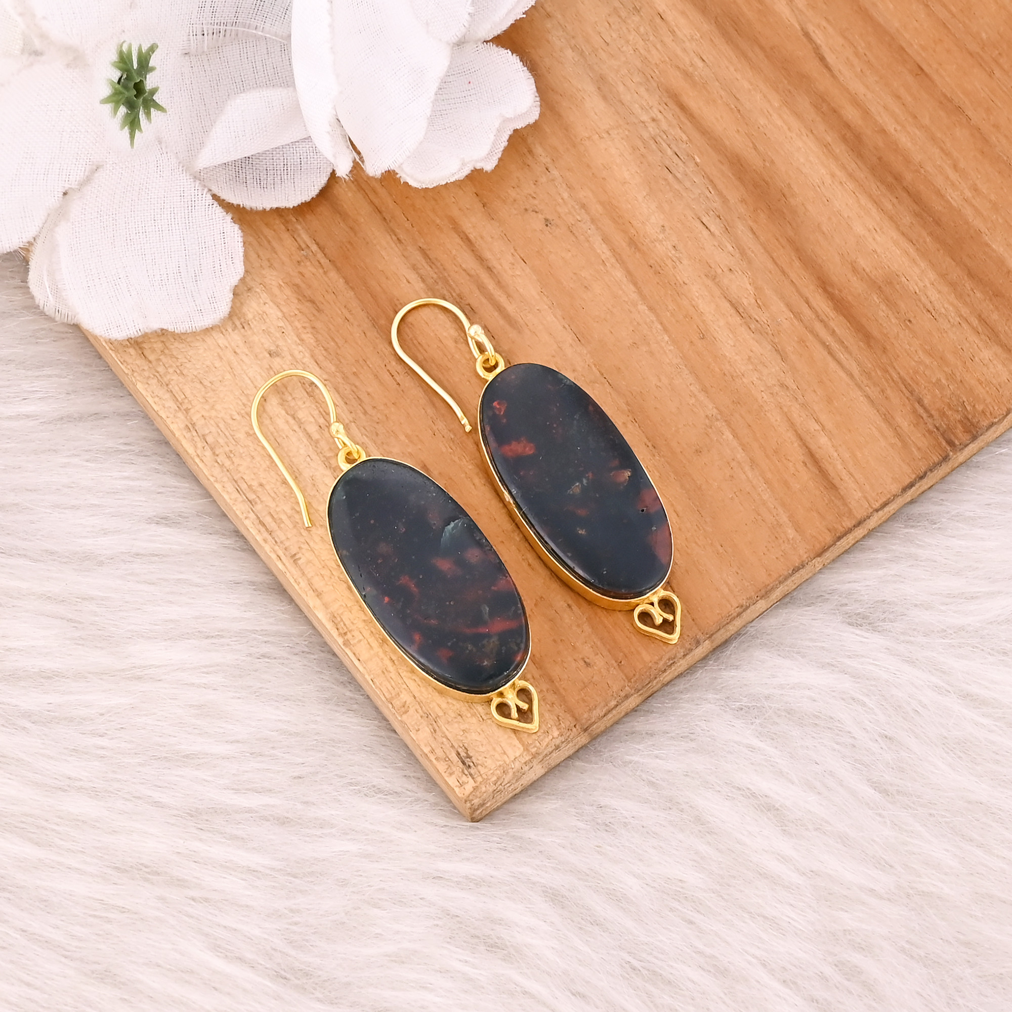 Blood Stone Handmade Brass Yellow Gold Plated Oval Shape Dangler Earring Wholesale Jewelry