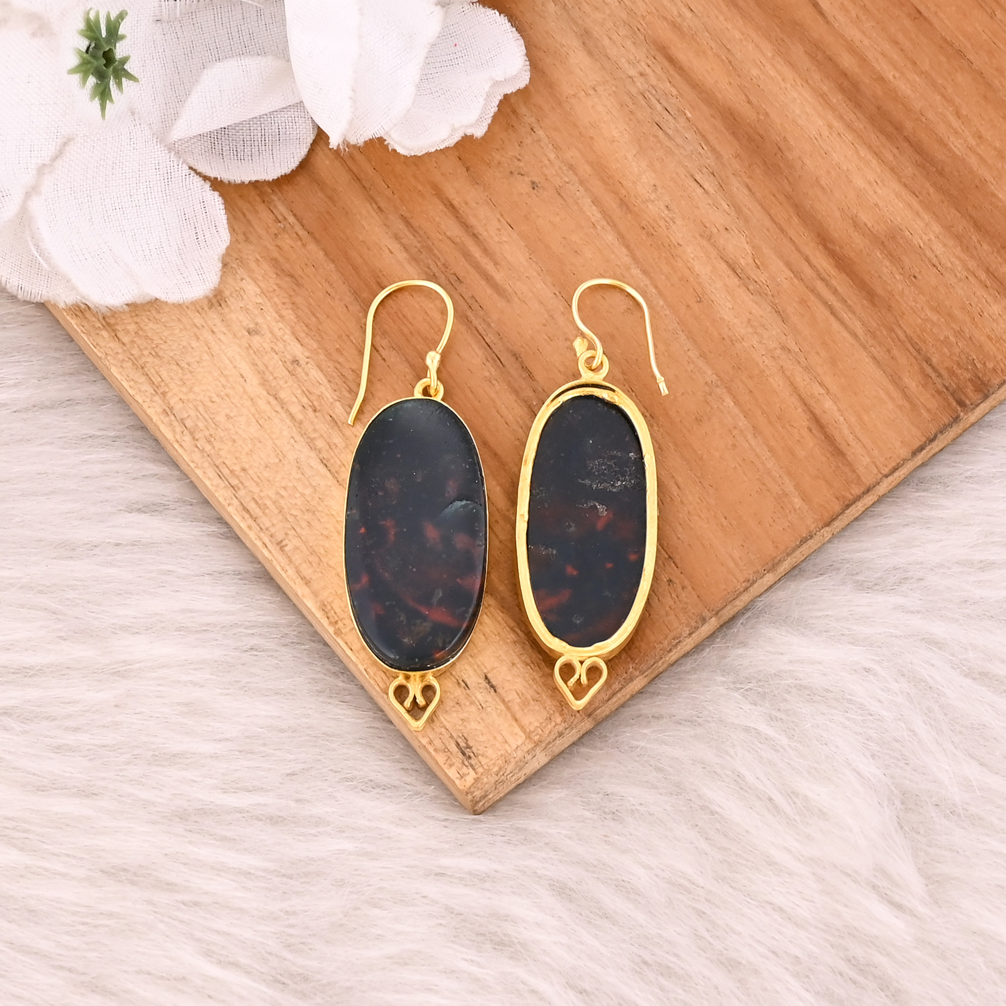 Blood Stone Handmade Brass Yellow Gold Plated Oval Shape Dangler Earring Wholesale Jewelry