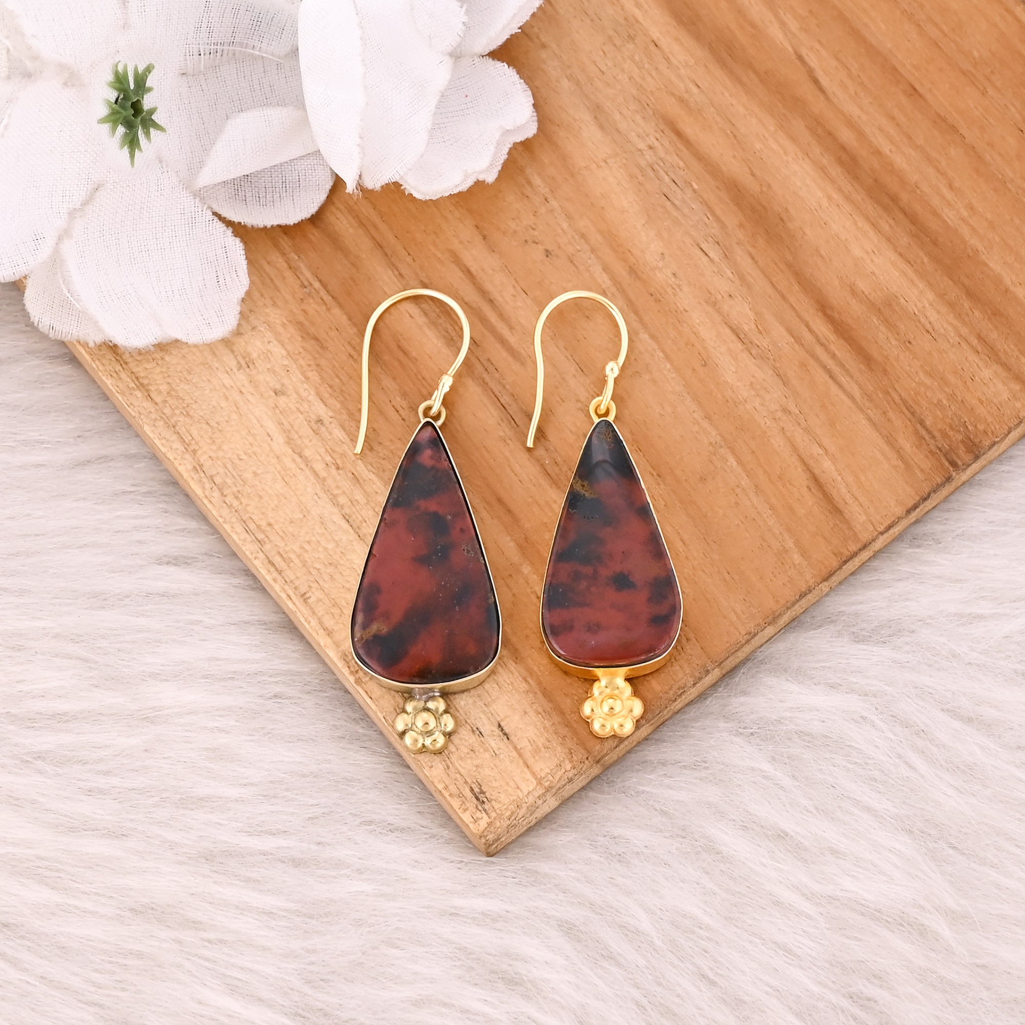 Yellow Gold Plated brass Handmade Coffee Jasper Gemstone Dangler women Earrings