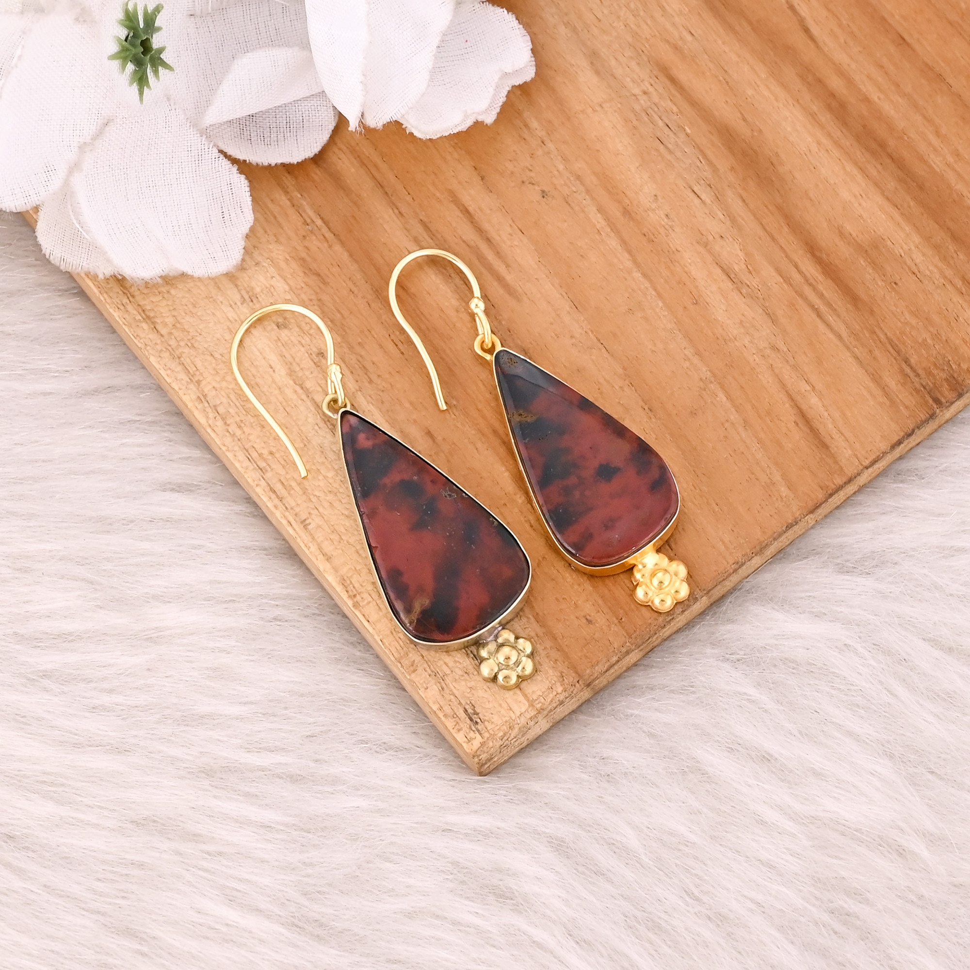 Yellow Gold Plated brass Handmade Coffee Jasper Gemstone Dangler women Earrings