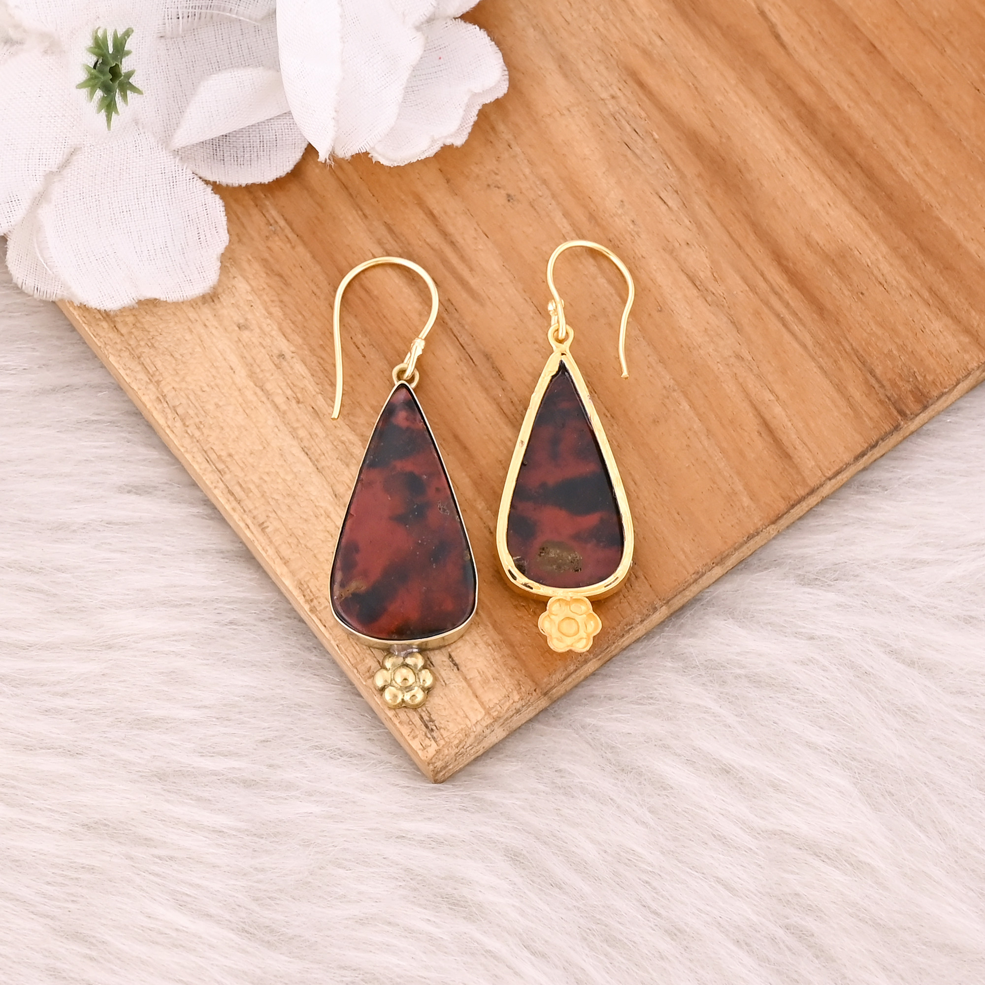 Yellow Gold Plated brass Handmade Coffee Jasper Gemstone Dangler women Earrings