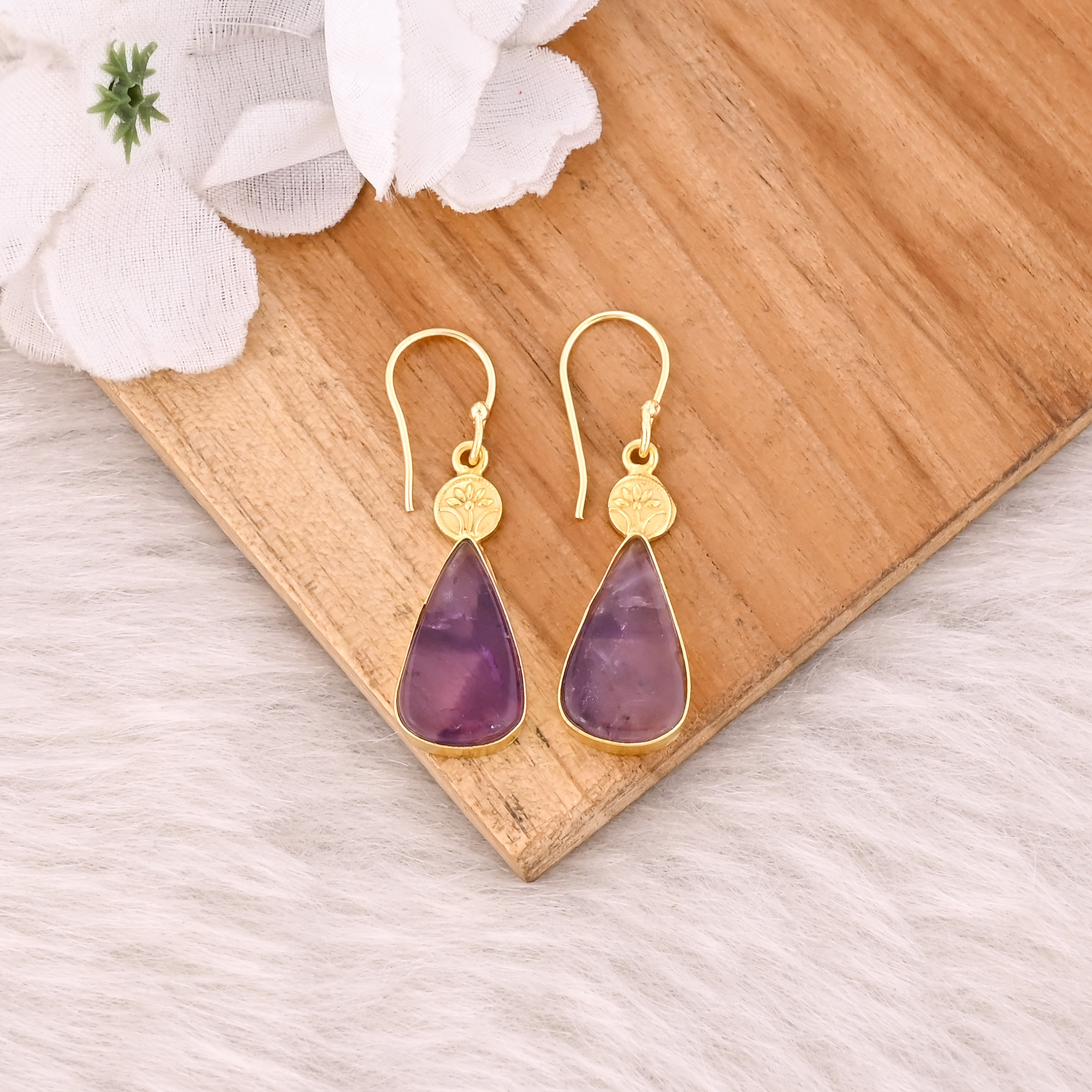Star Amethyst Gemstone Yellow Gold Plated Brass Handmade Designer Earring