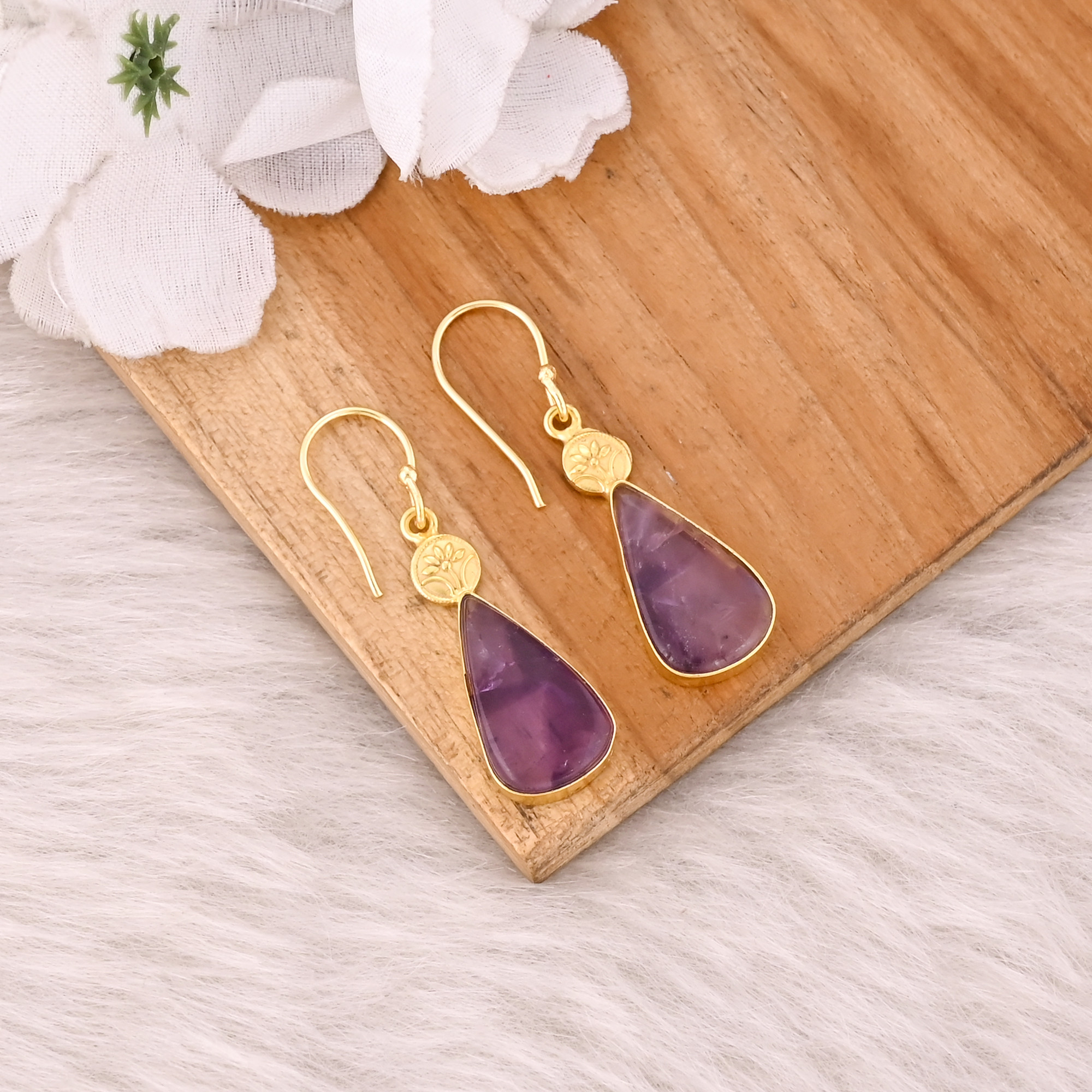 Star Amethyst Gemstone Yellow Gold Plated Brass Handmade Designer Earring