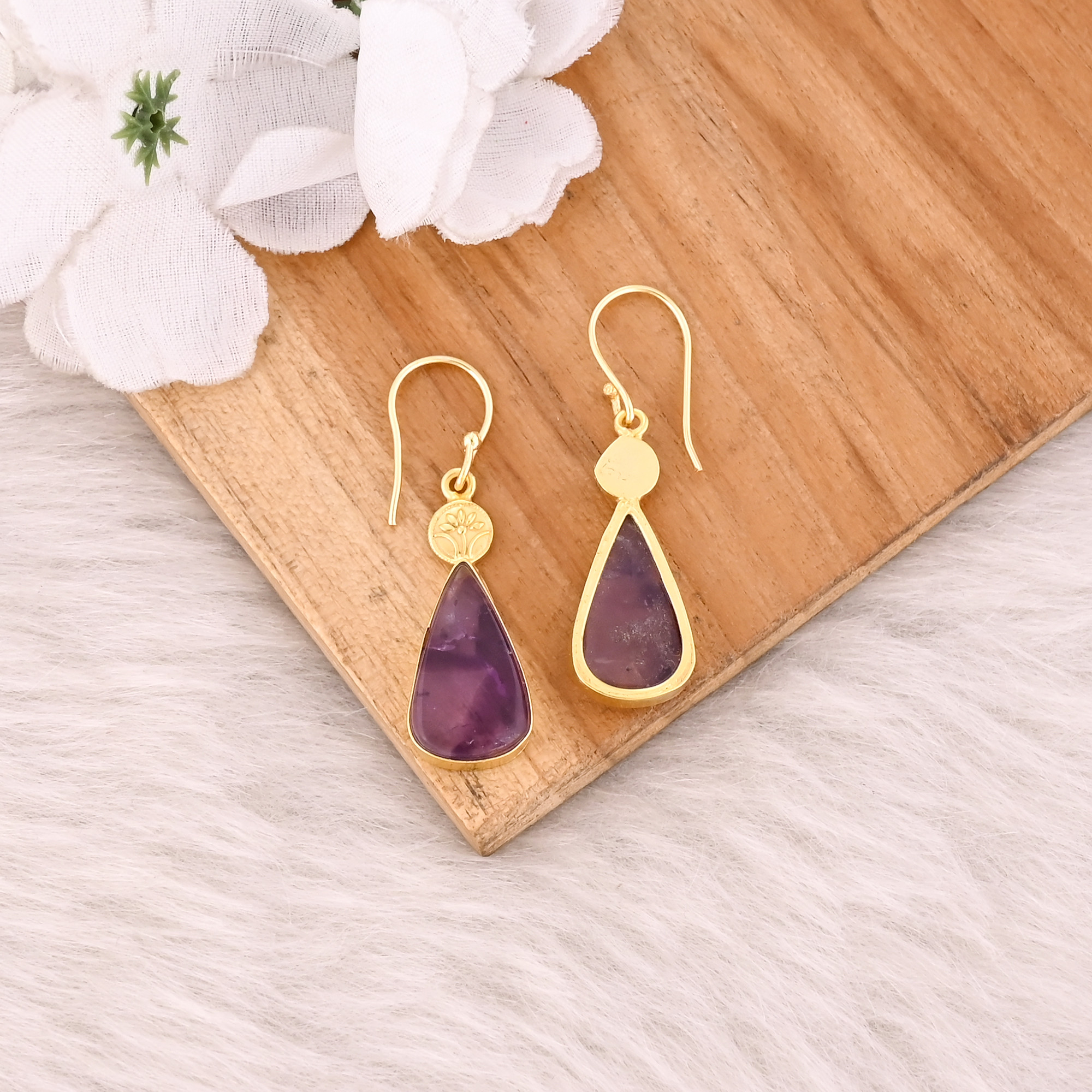 Star Amethyst Gemstone Yellow Gold Plated Brass Handmade Designer Earring