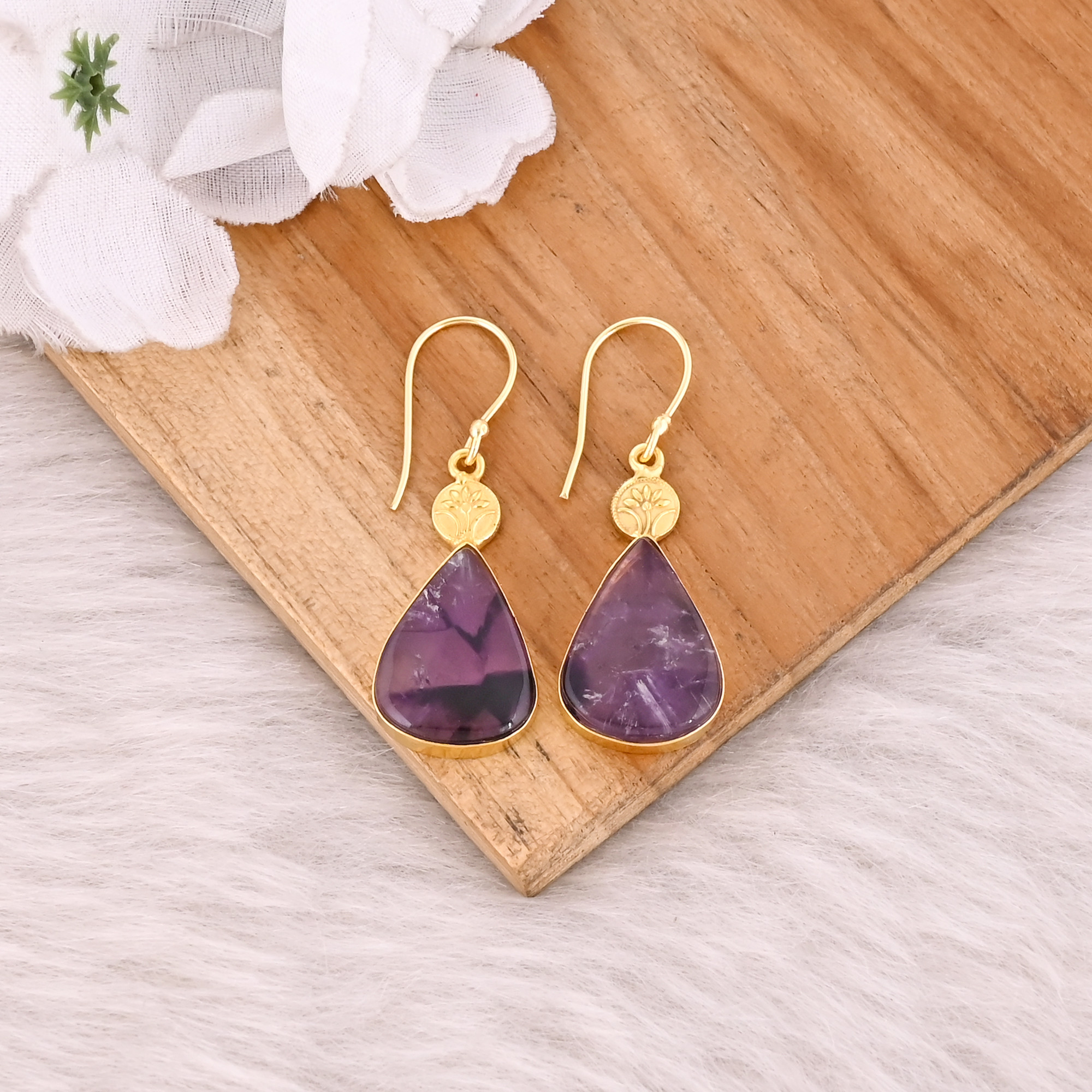 Yellow Gold Plated Brass Handmade Boho Designer Star Amethyst Gemstone Dangle Earring