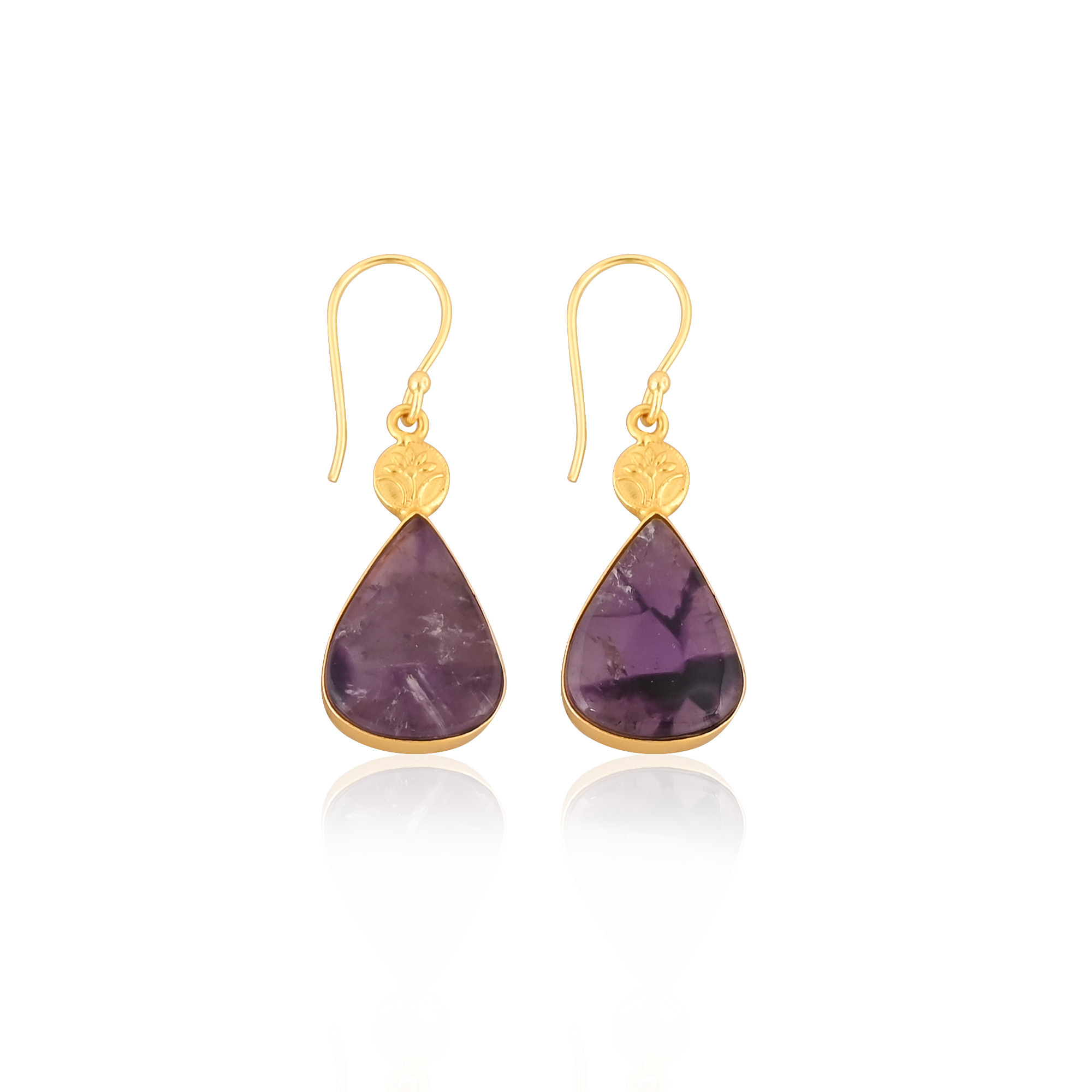 Yellow Gold Plated Brass Handmade Boho Designer Star Amethyst Gemstone Dangle Earring