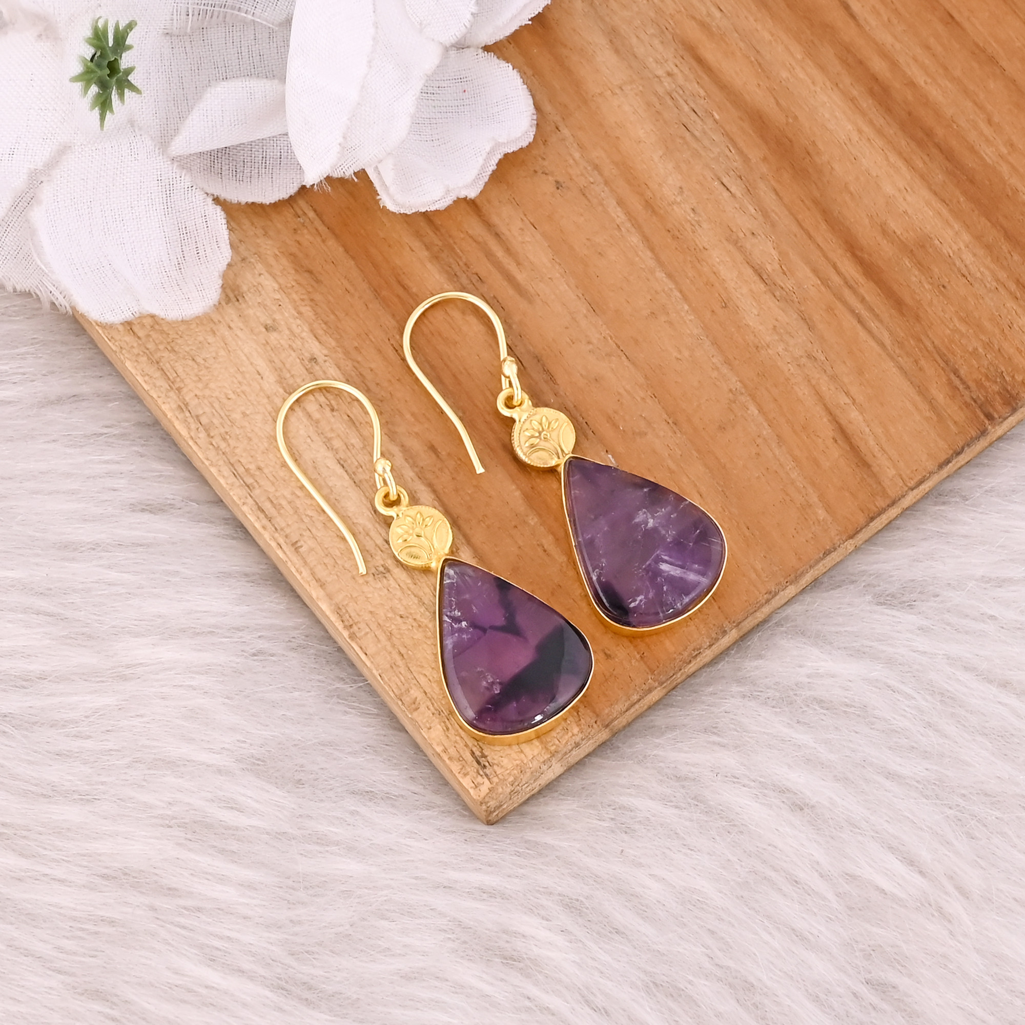 Yellow Gold Plated Brass Handmade Boho Designer Star Amethyst Gemstone Dangle Earring