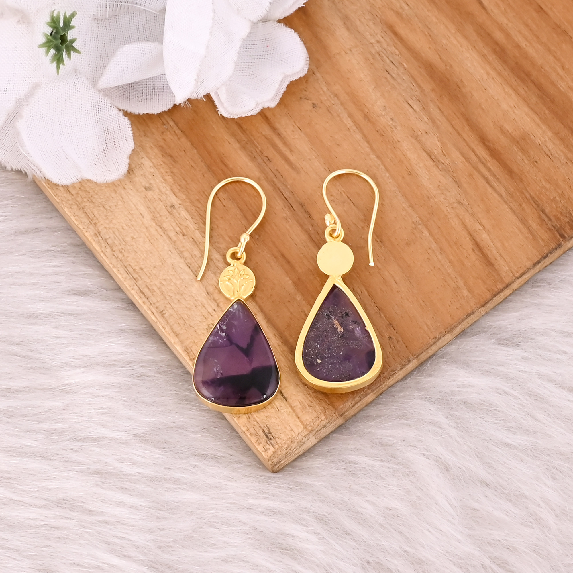 Yellow Gold Plated Brass Handmade Boho Designer Star Amethyst Gemstone Dangle Earring