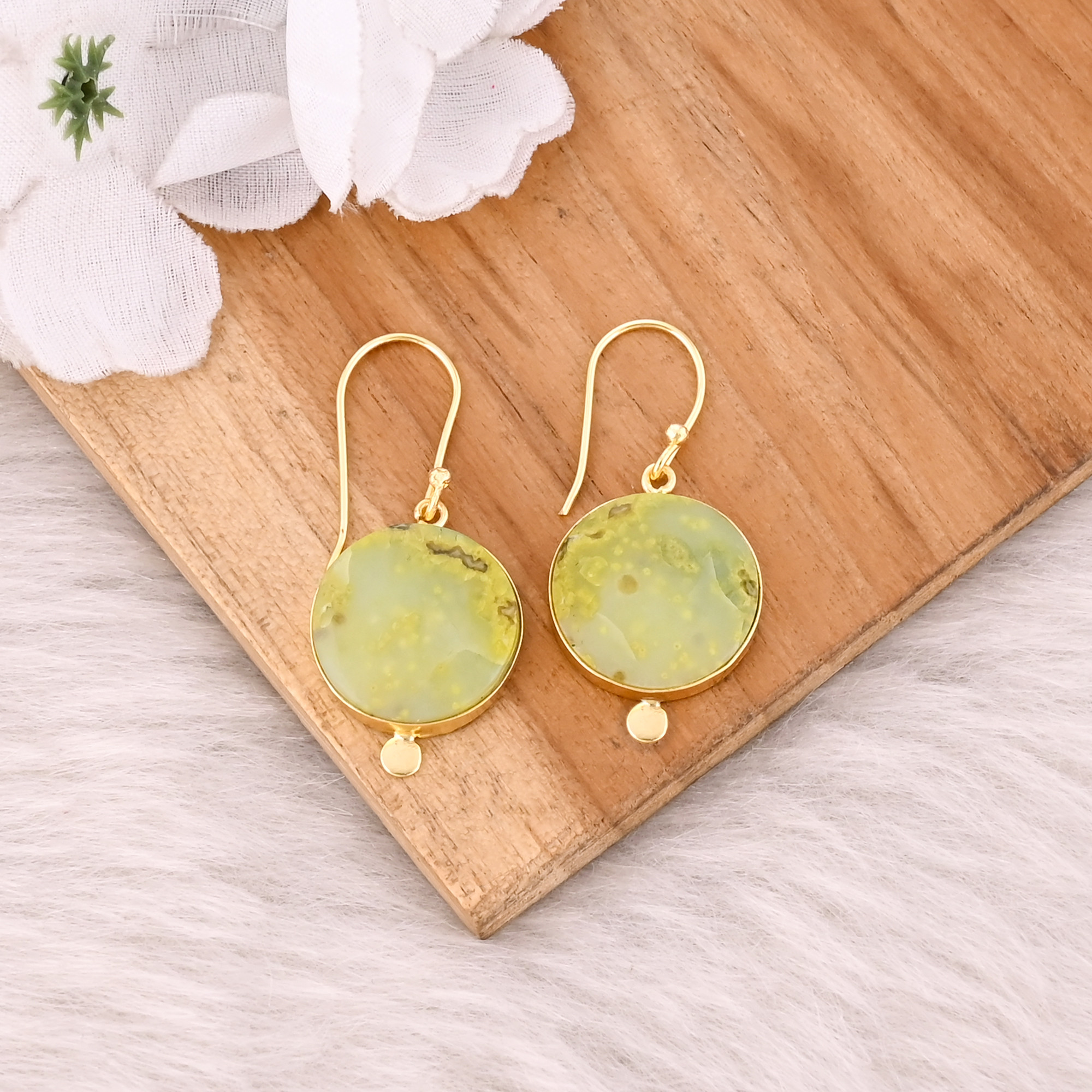 Yellow Gold Plated Brass Handmade Boho Designer Green Opal Gemstone Dangle Earring Jewelry Fashion Earrings