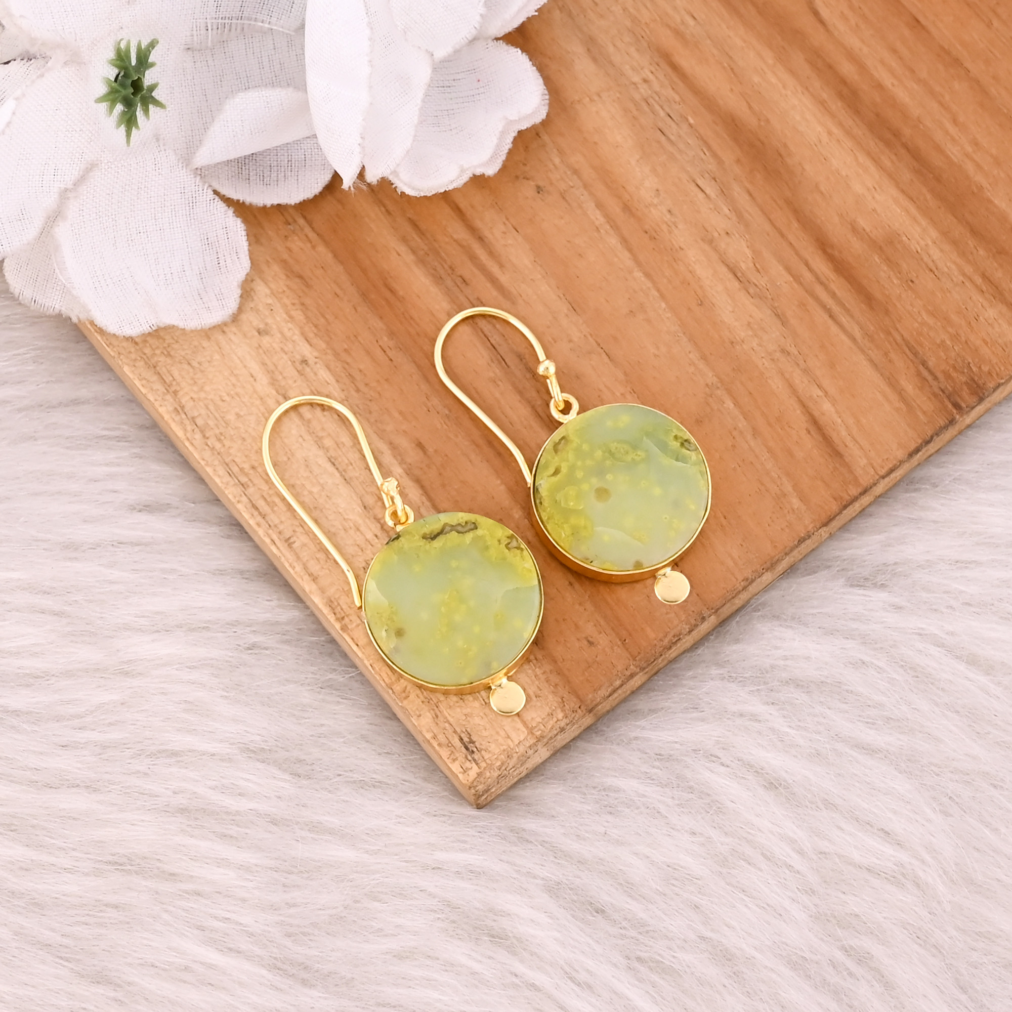 Yellow Gold Plated Brass Handmade Boho Designer Green Opal Gemstone Dangle Earring Jewelry Fashion Earrings