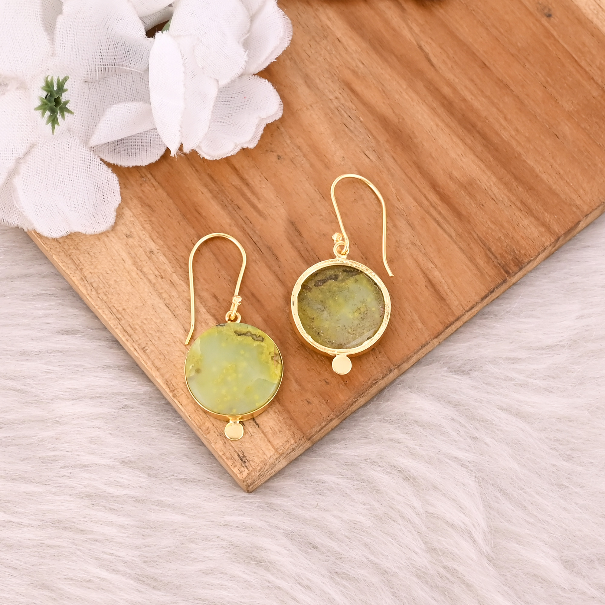Yellow Gold Plated Brass Handmade Boho Designer Green Opal Gemstone Dangle Earring Jewelry Fashion Earrings