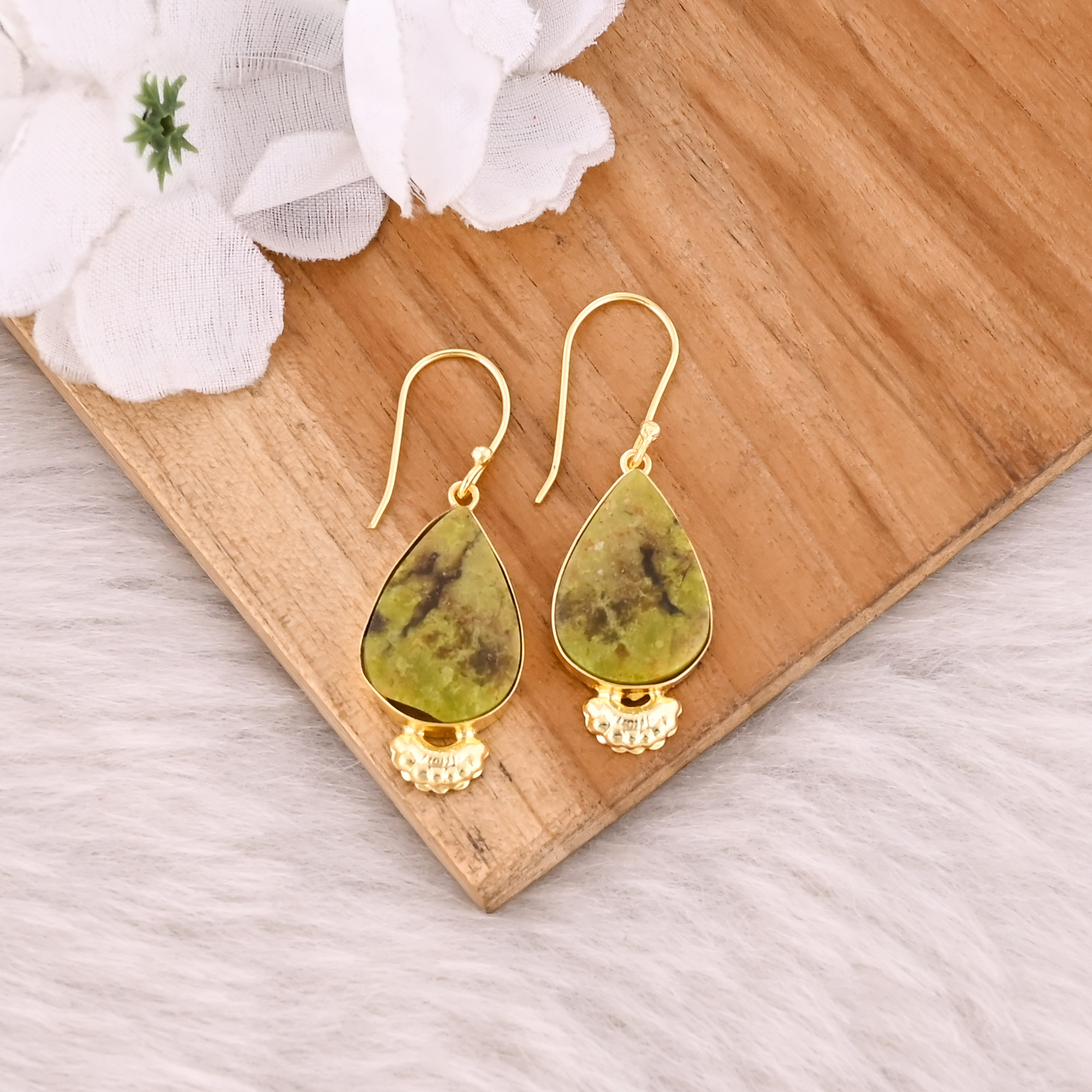 Green Opal Gemstone Pear Dangle Earring Brass Yellow Gold Plated Designer Earring
