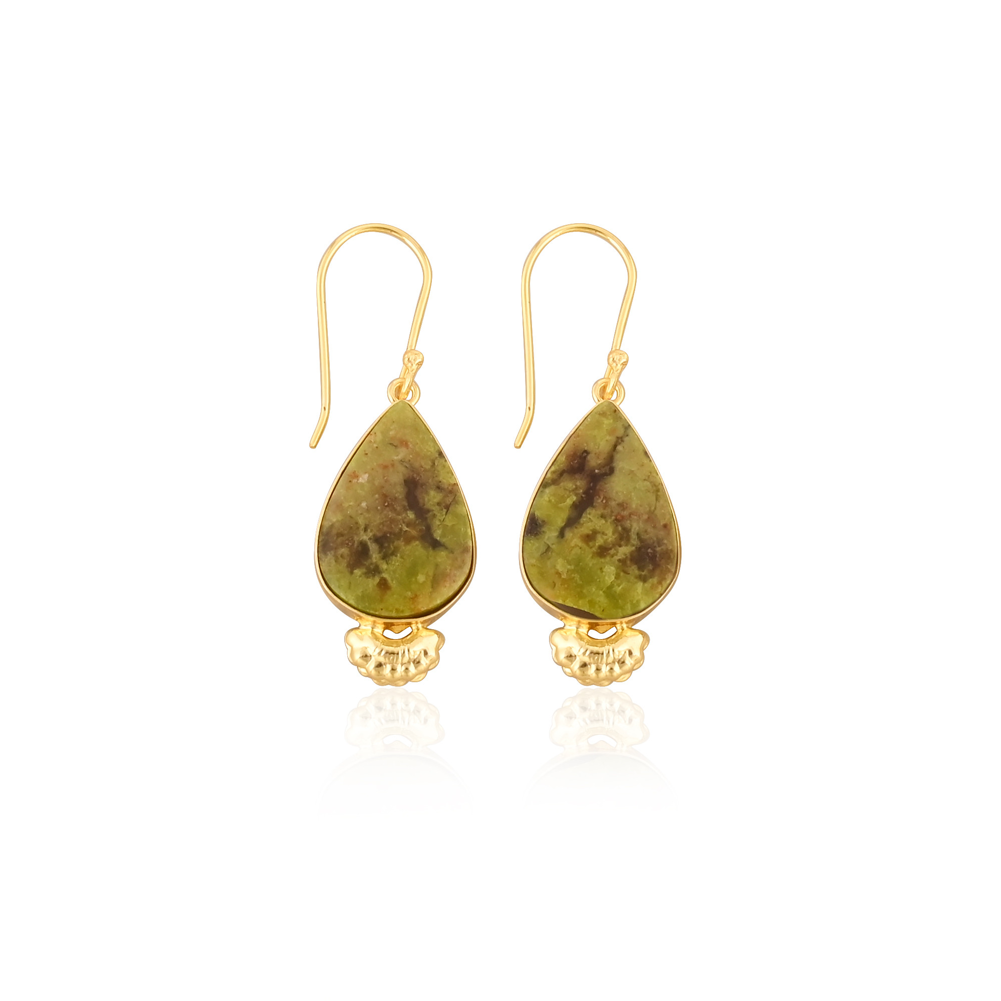 Green Opal Gemstone Pear Dangle Earring Brass Yellow Gold Plated Designer Earring