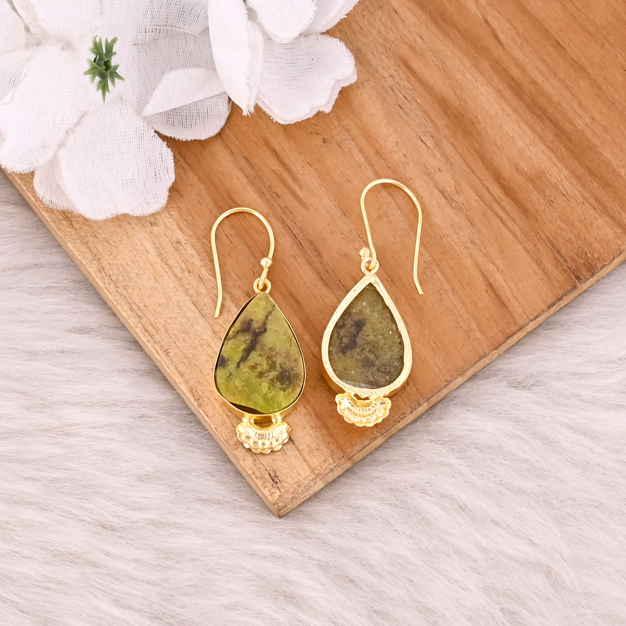 Green Opal Gemstone Pear Dangle Earring Brass Yellow Gold Plated Designer Earring