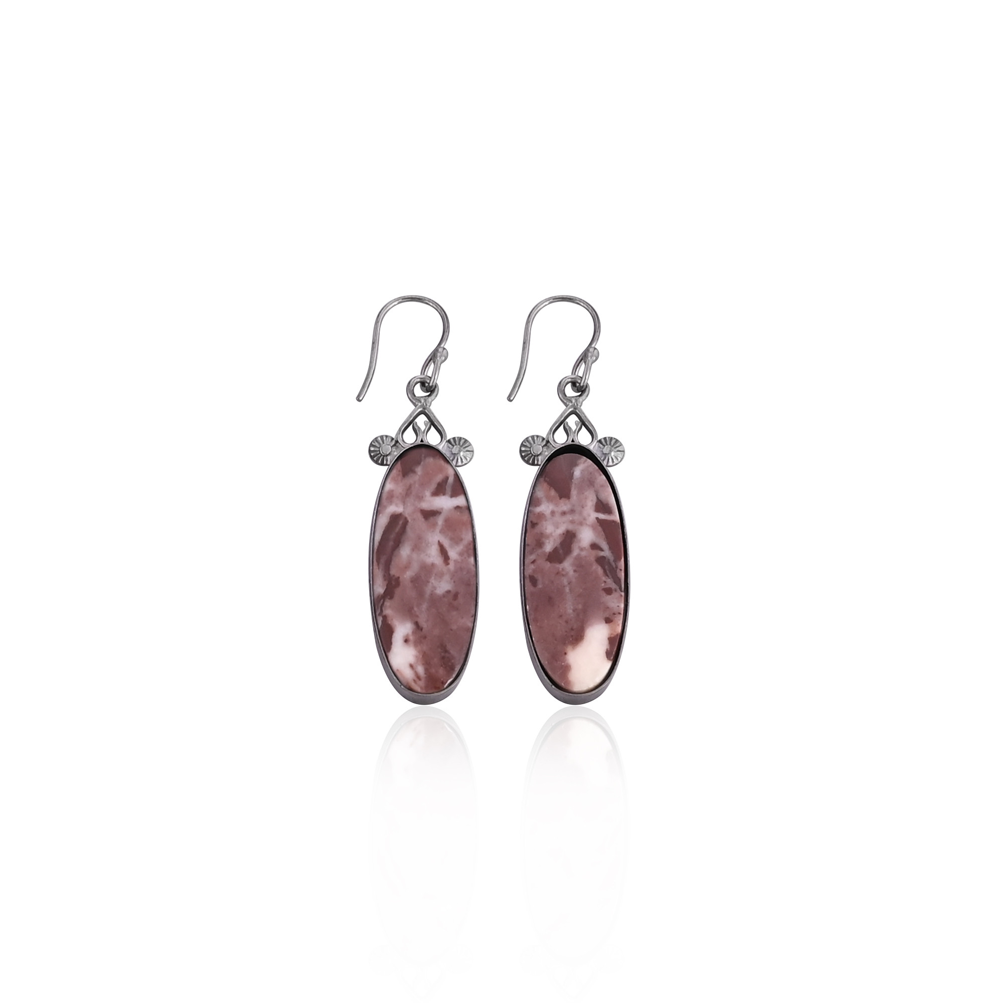 Malinga Jasper Long Oval Gemstone Brass Dangle Black Ruthenium Handmade Designer Earring