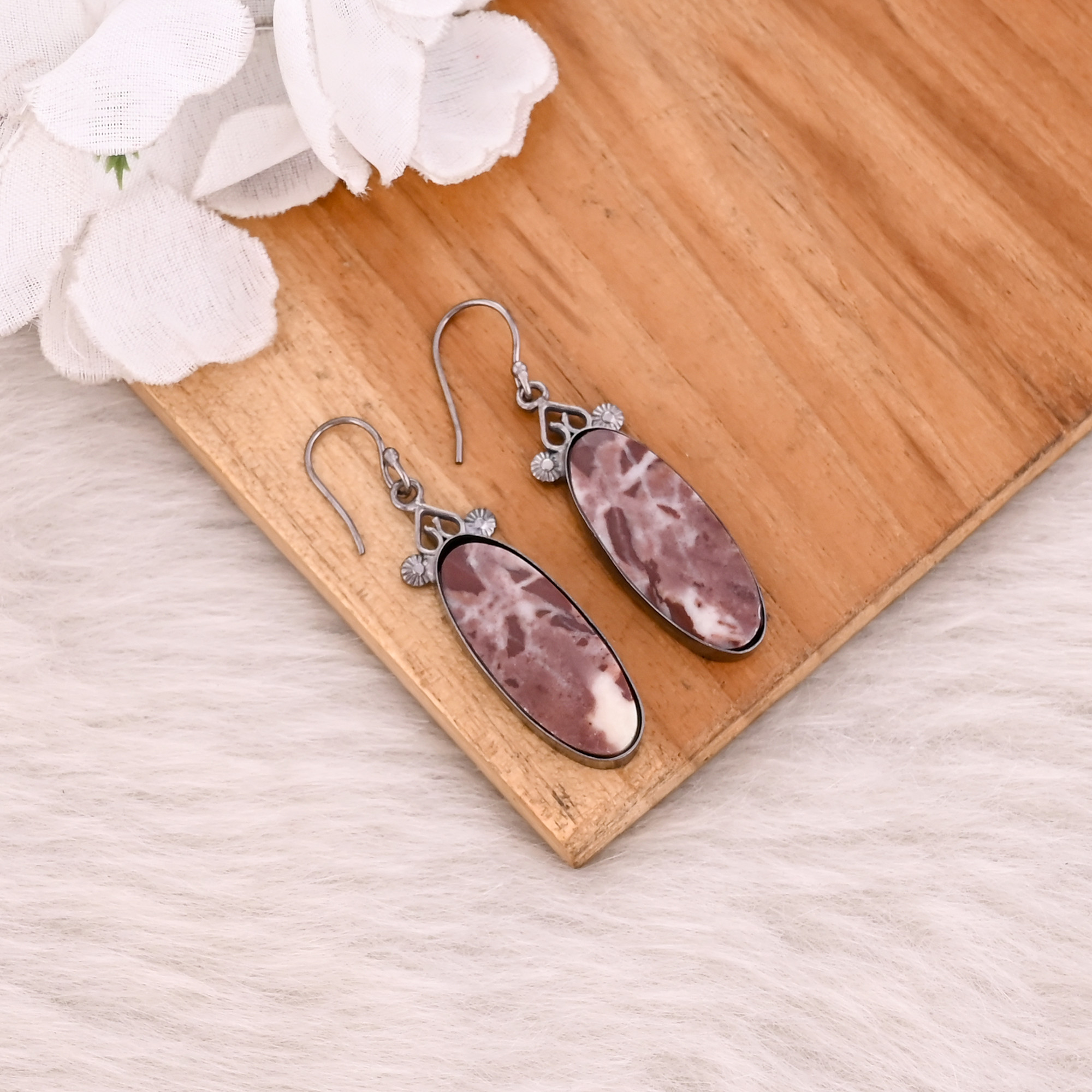 Malinga Jasper Long Oval Gemstone Brass Dangle Black Ruthenium Handmade Designer Earring