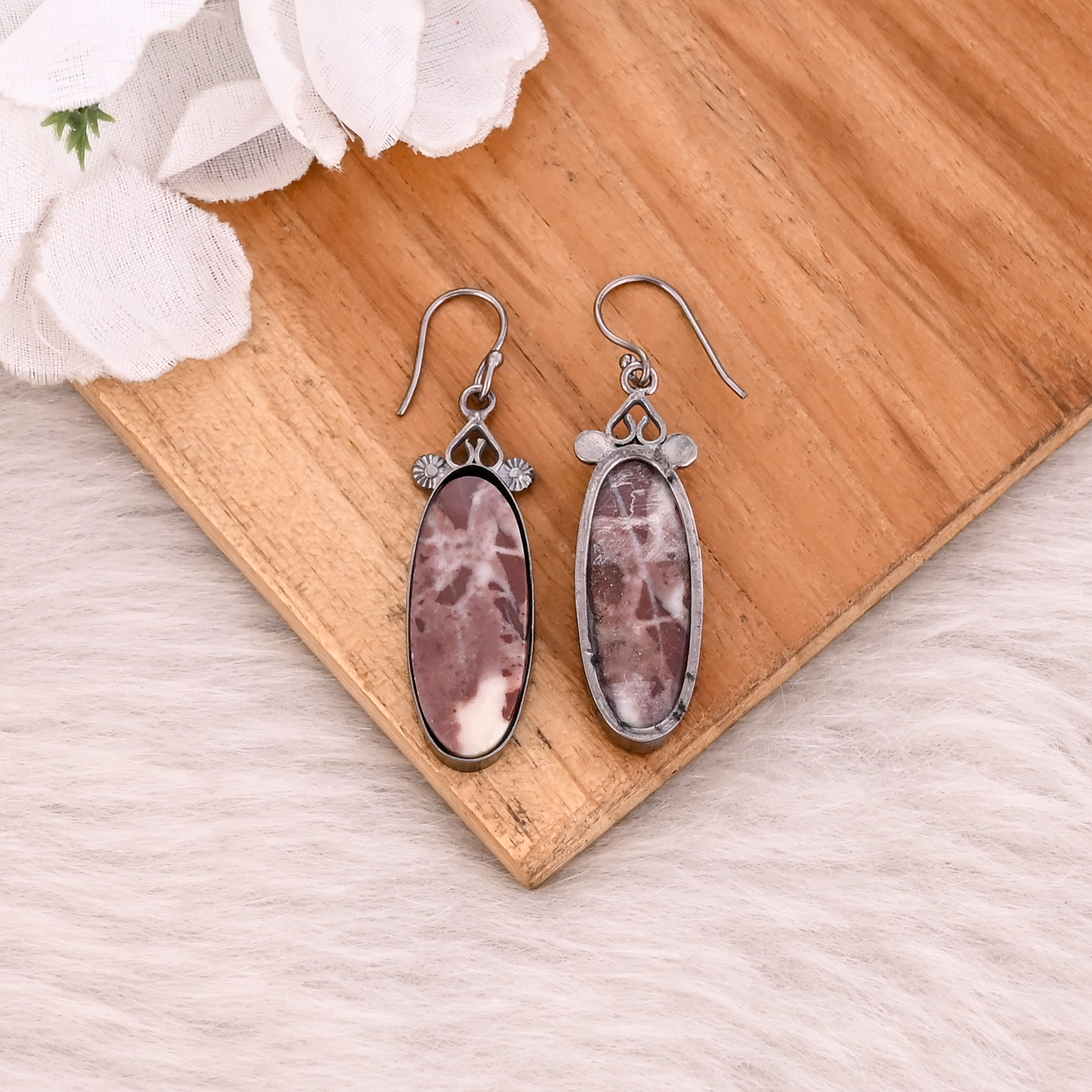 Malinga Jasper Long Oval Gemstone Brass Dangle Black Ruthenium Handmade Designer Earring