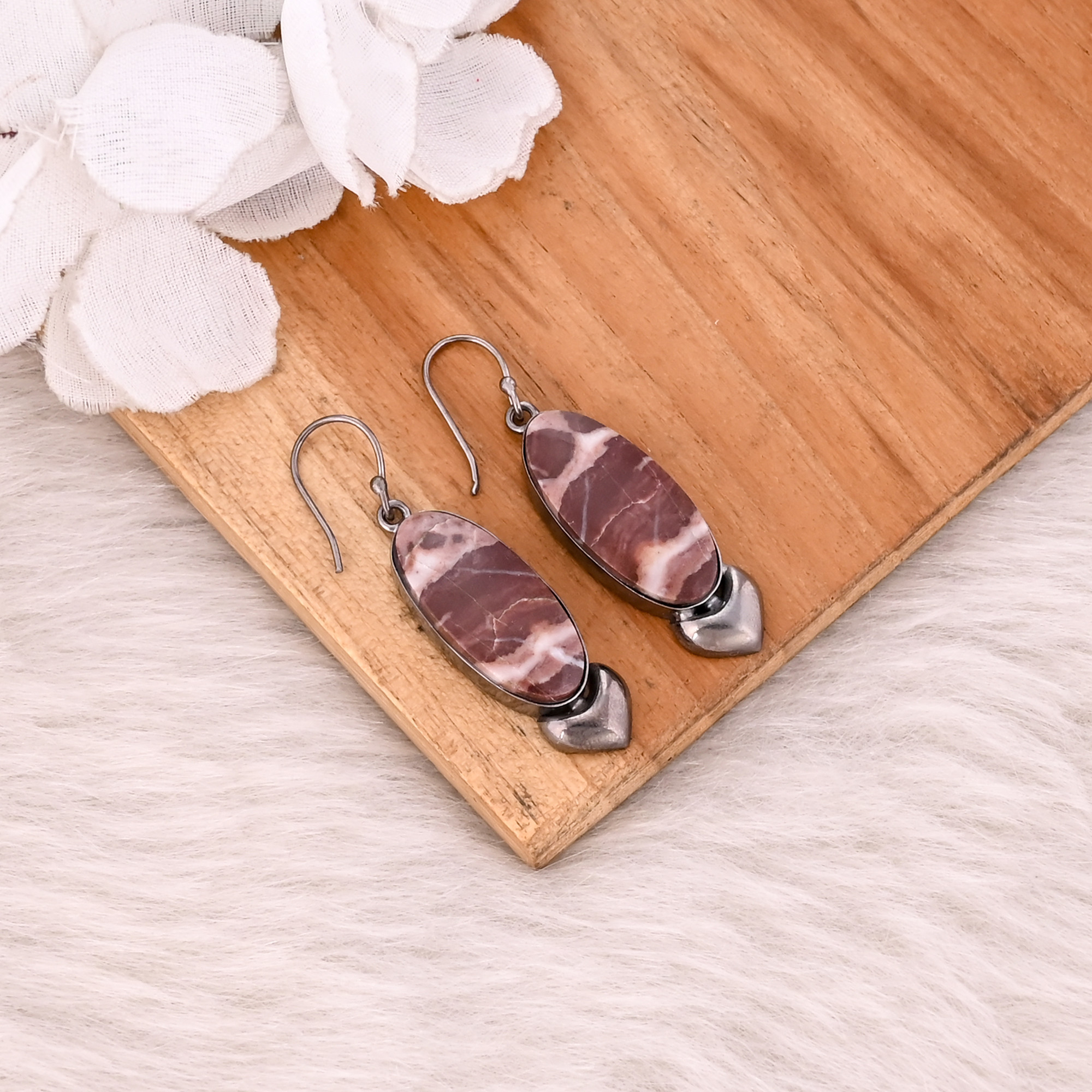 Malinga Jasper Oval Gemstone brass Dangle Earring Black Ruthenium Earring
