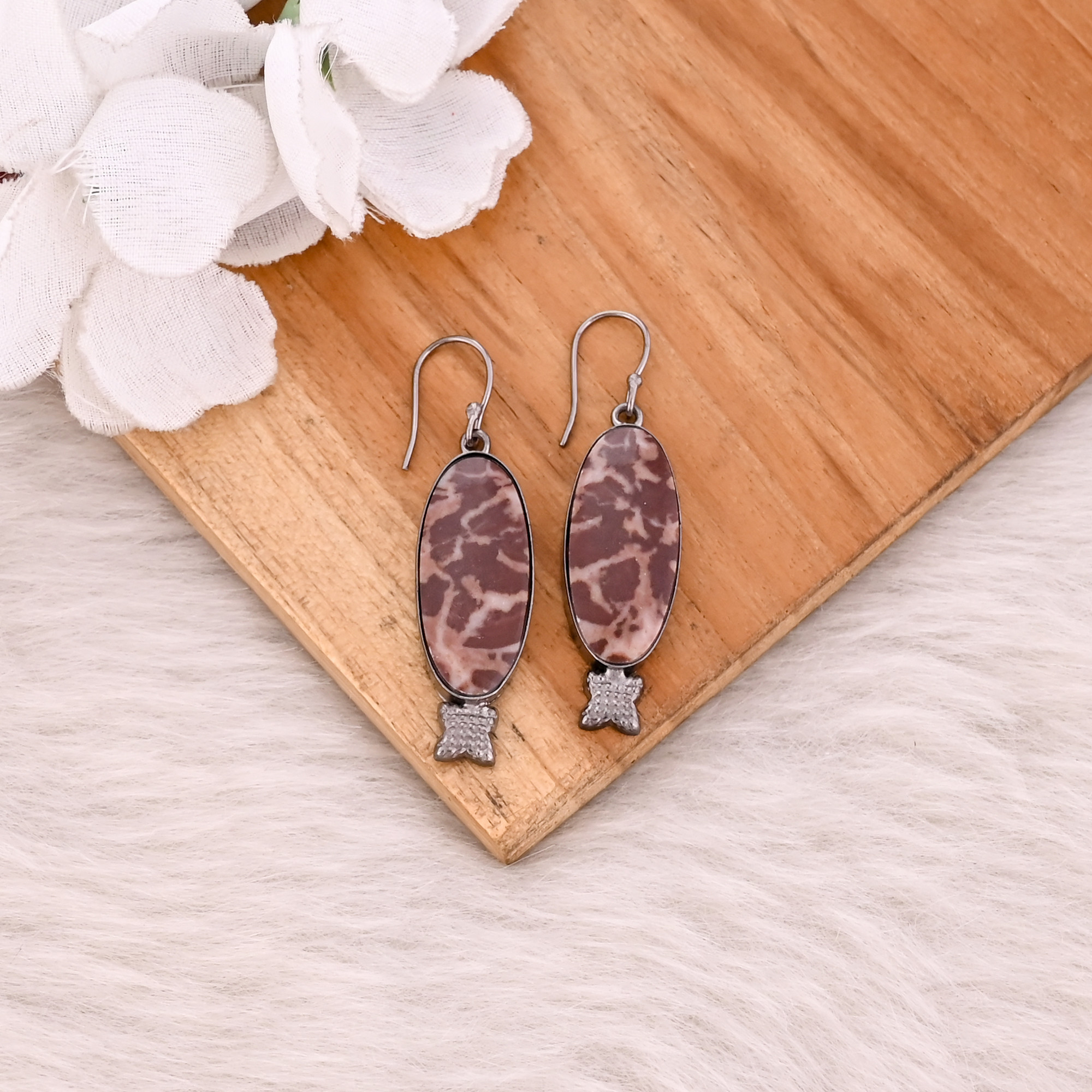 Malinga Jasper Long Oval Gemstone Dangle Black Ruthenium Handmade Designer Earring