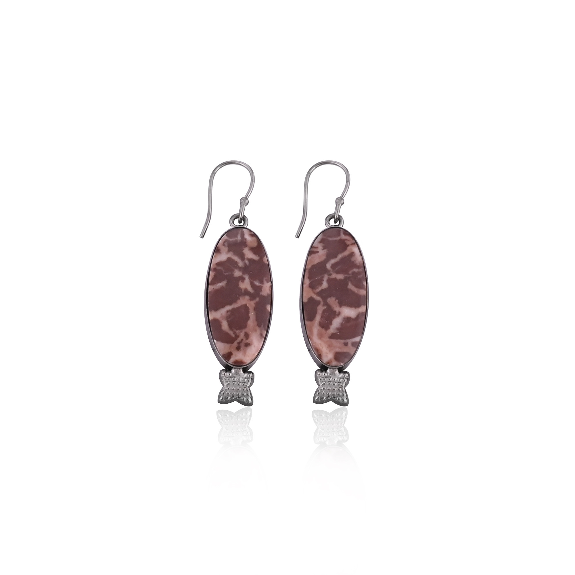 Malinga Jasper Long Oval Gemstone Dangle Black Ruthenium Handmade Designer Earring