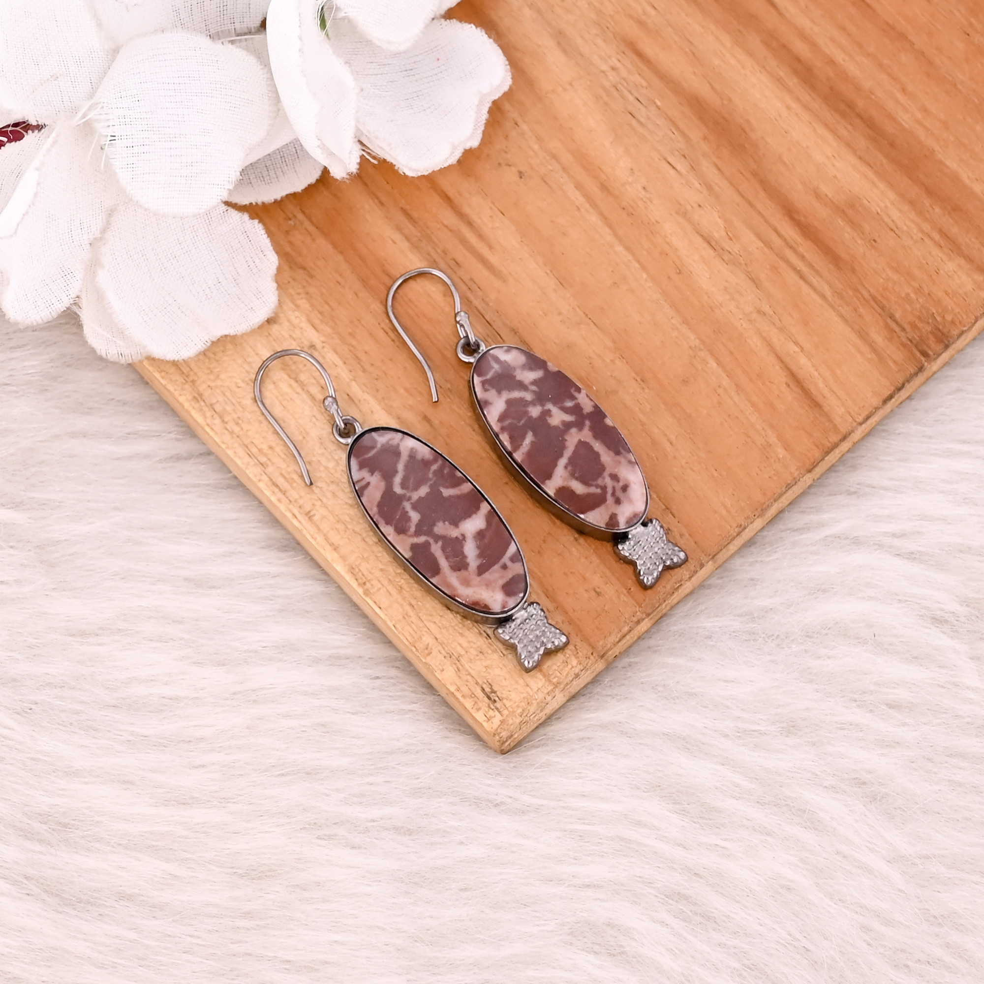 Malinga Jasper Long Oval Gemstone Dangle Black Ruthenium Handmade Designer Earring