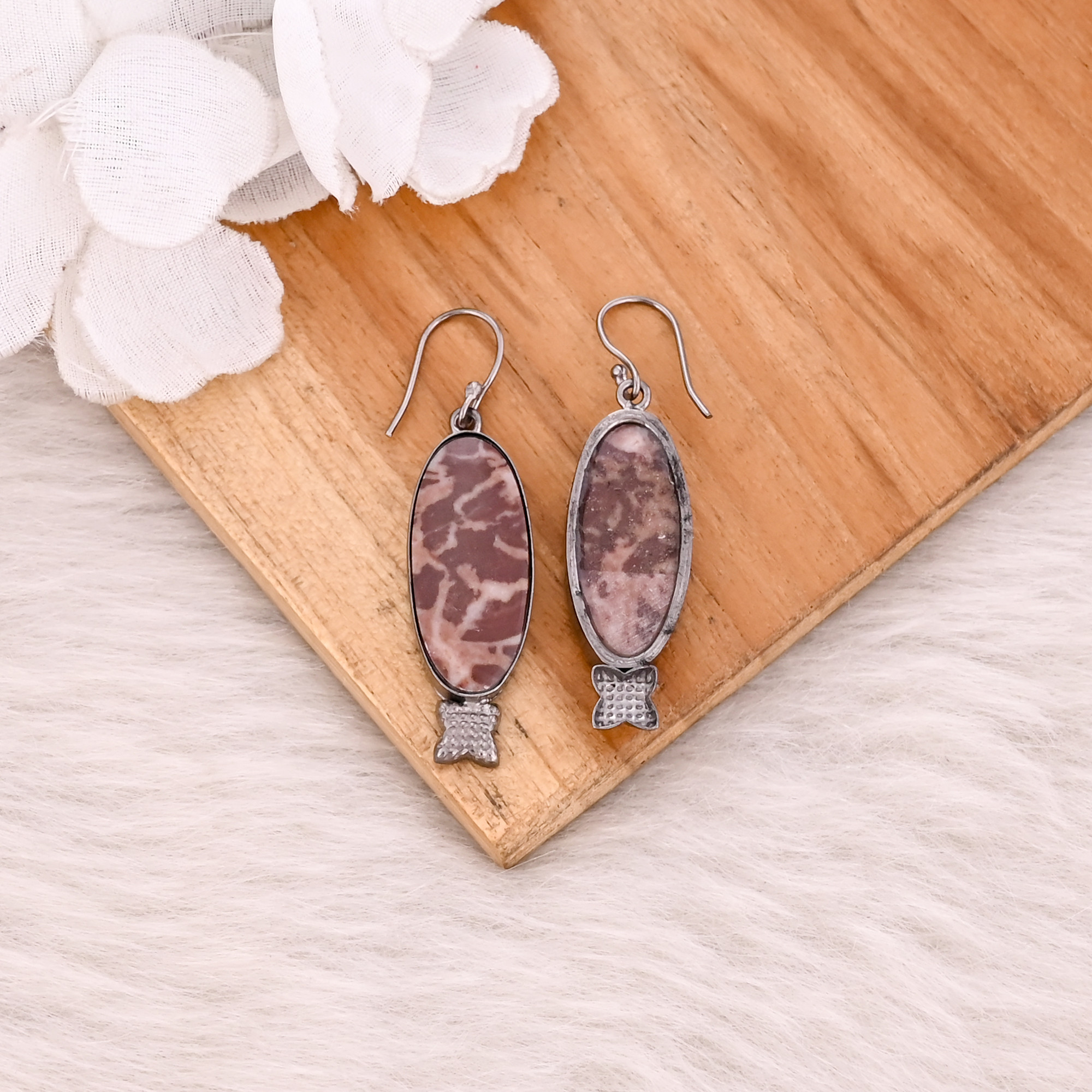 Malinga Jasper Long Oval Gemstone Dangle Black Ruthenium Handmade Designer Earring