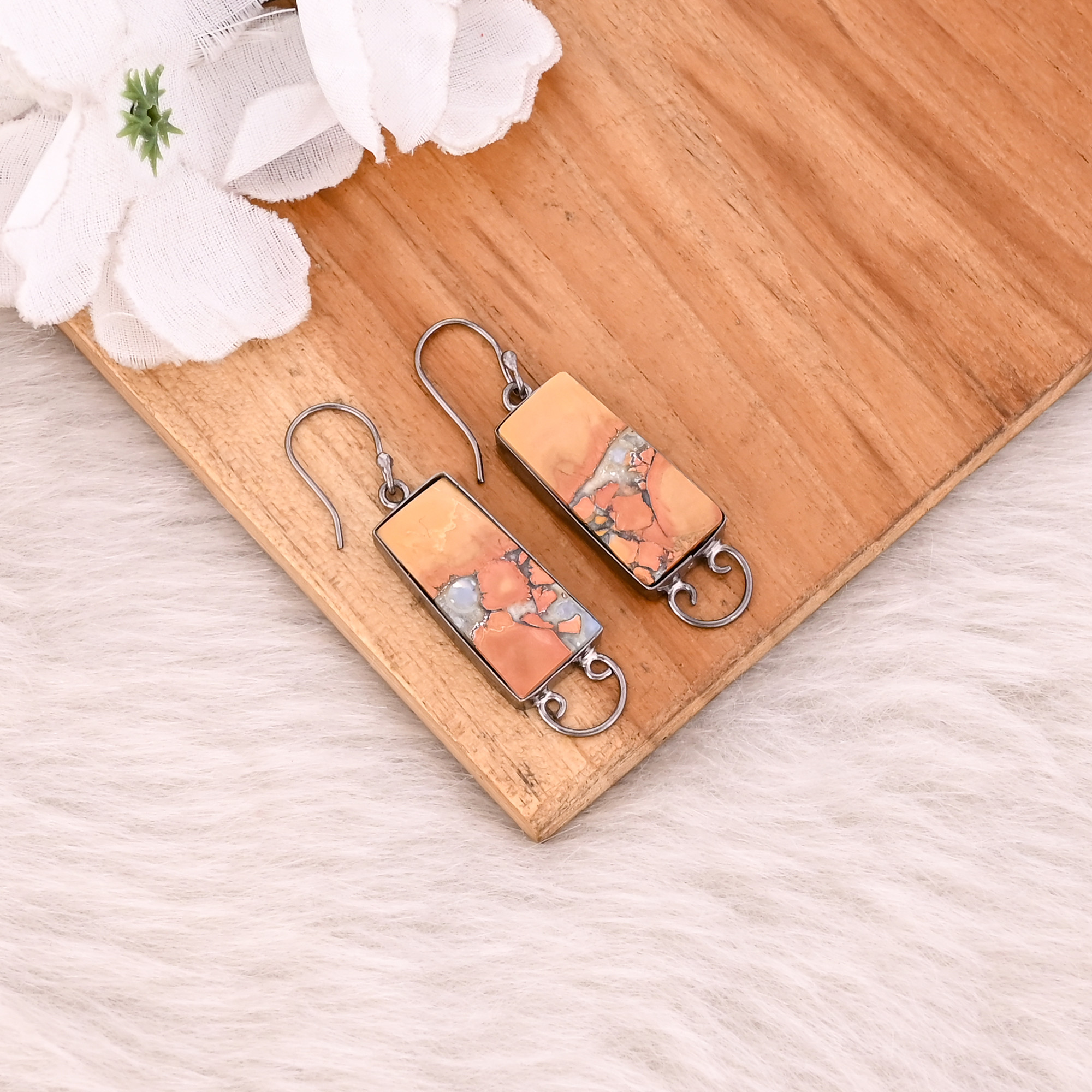 Malinga Jasper Gemstone Black Ruthenium Rectangle Earring Handmade Jewelry Mom Gifts