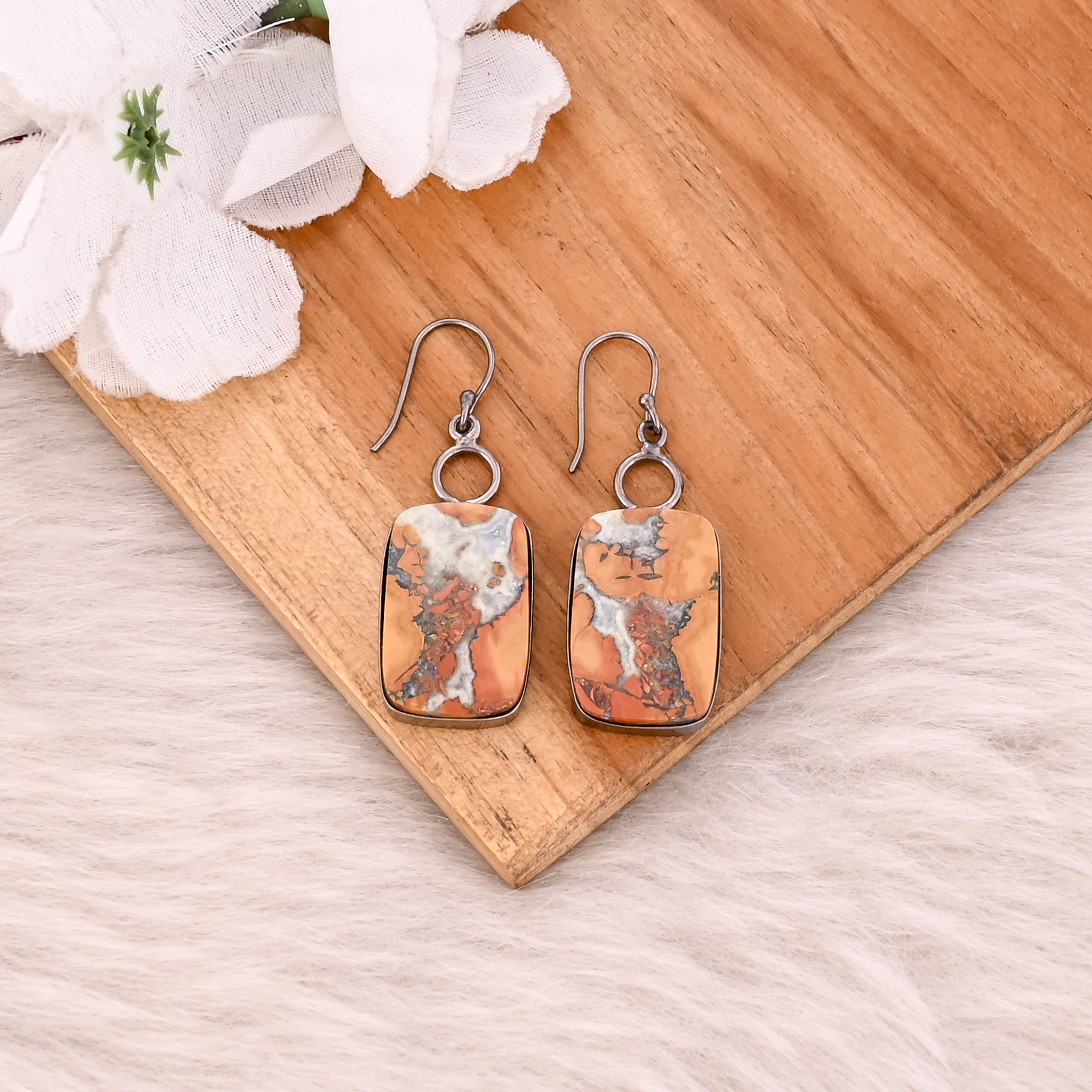 Malinga Jasper Gemstone Brass Black Ruthenium Earring Handmade Charm Jewelry Dangle Earring