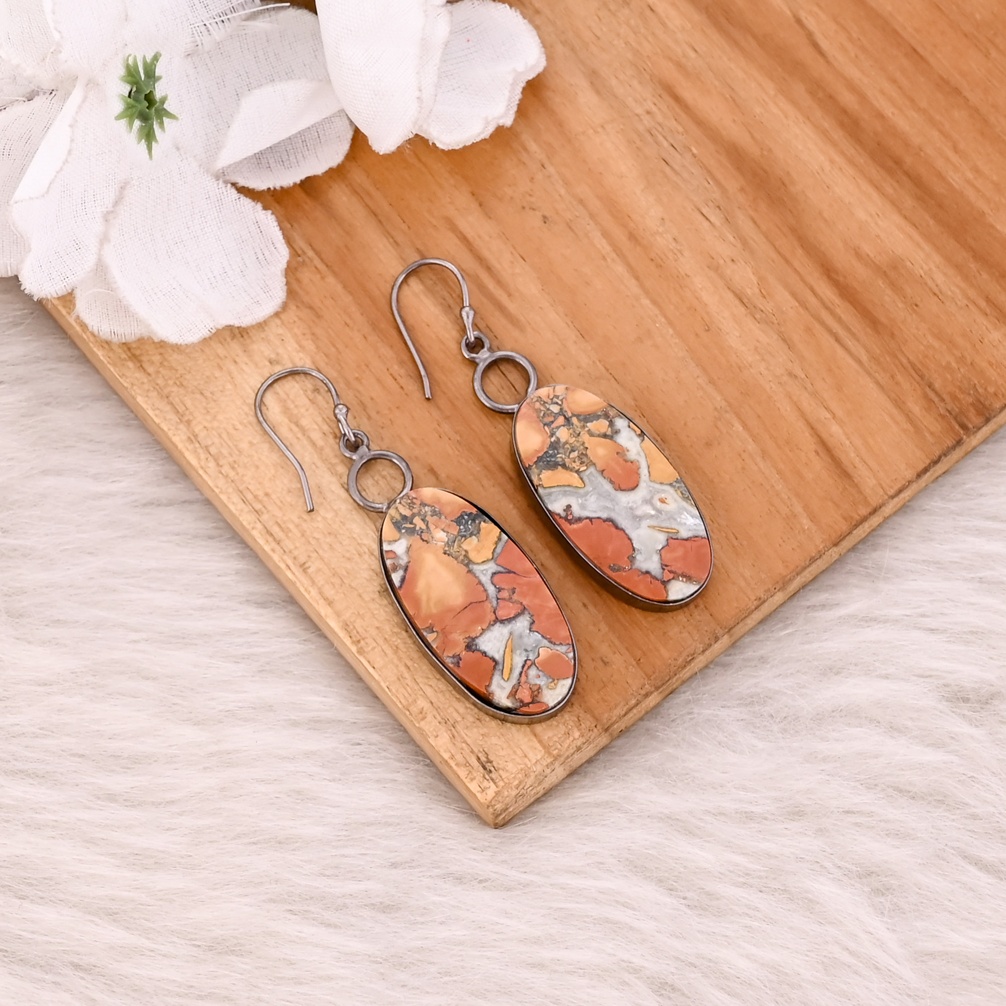 Malinga Jasper Oval Gemstone Black Ruthenium Earring Handmade Jewelry Gift For Mom