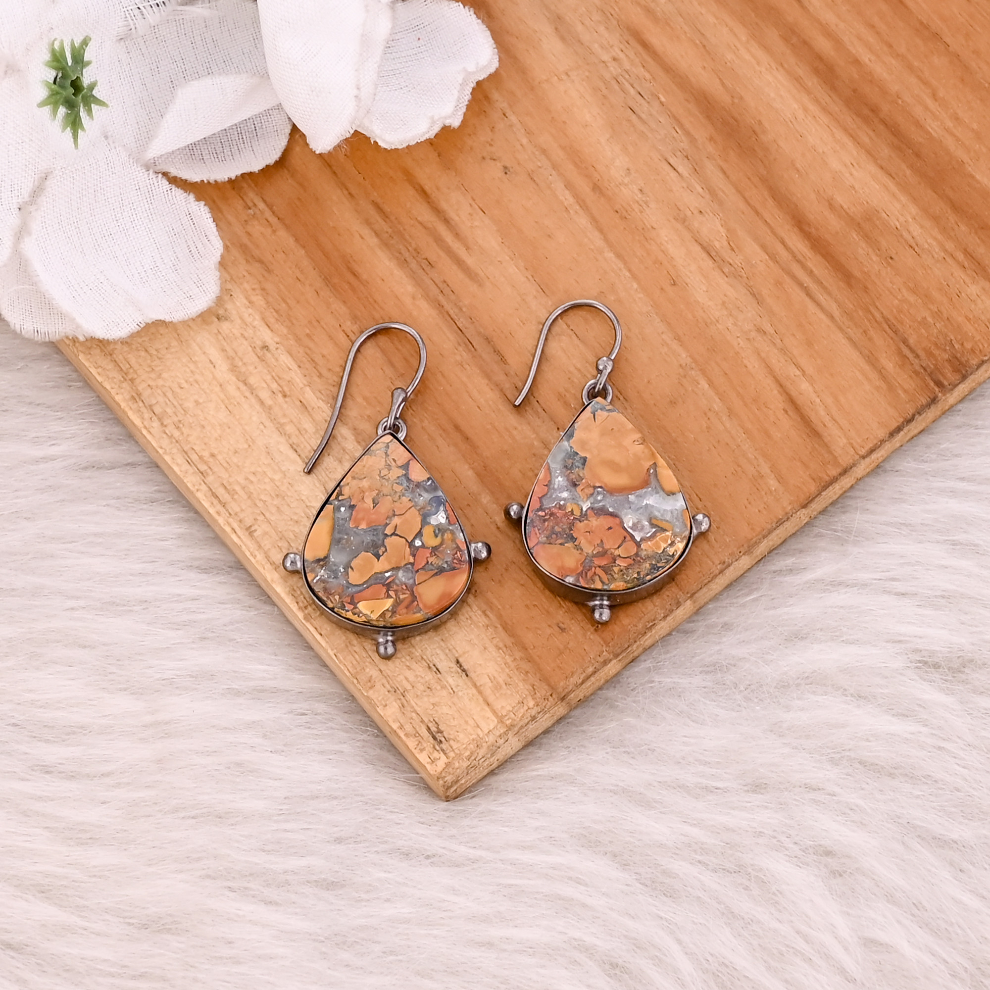 Malinga Jasper Gemstone Brass Black Ruthenium Boho Earring Handmade Jewelry Dangle Earring