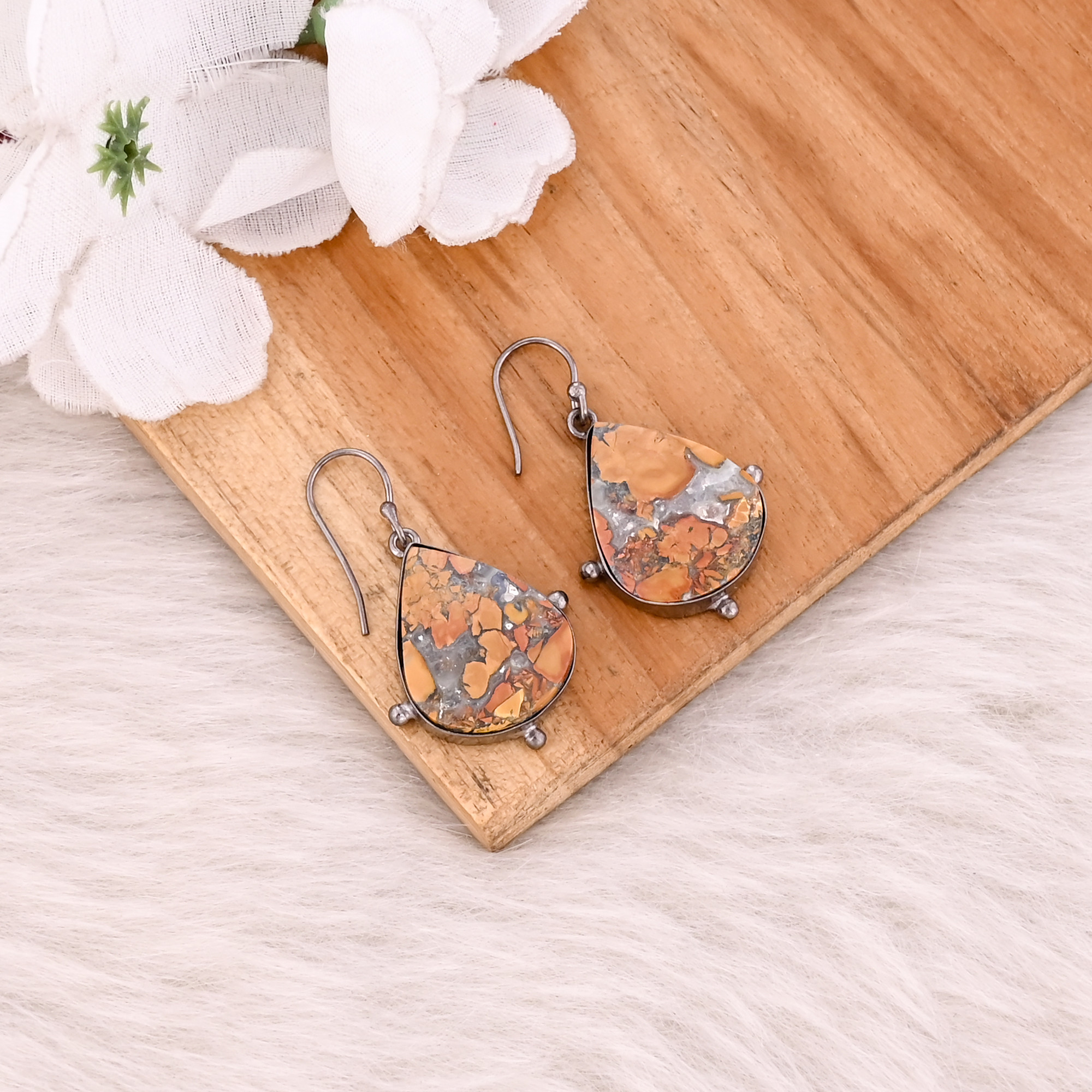 Malinga Jasper Gemstone Brass Black Ruthenium Boho Earring Handmade Jewelry Dangle Earring