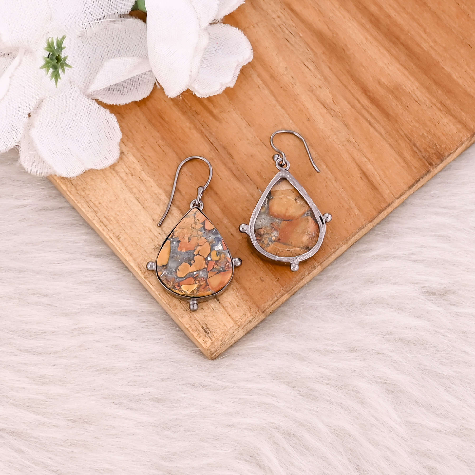 Malinga Jasper Gemstone Brass Black Ruthenium Boho Earring Handmade Jewelry Dangle Earring