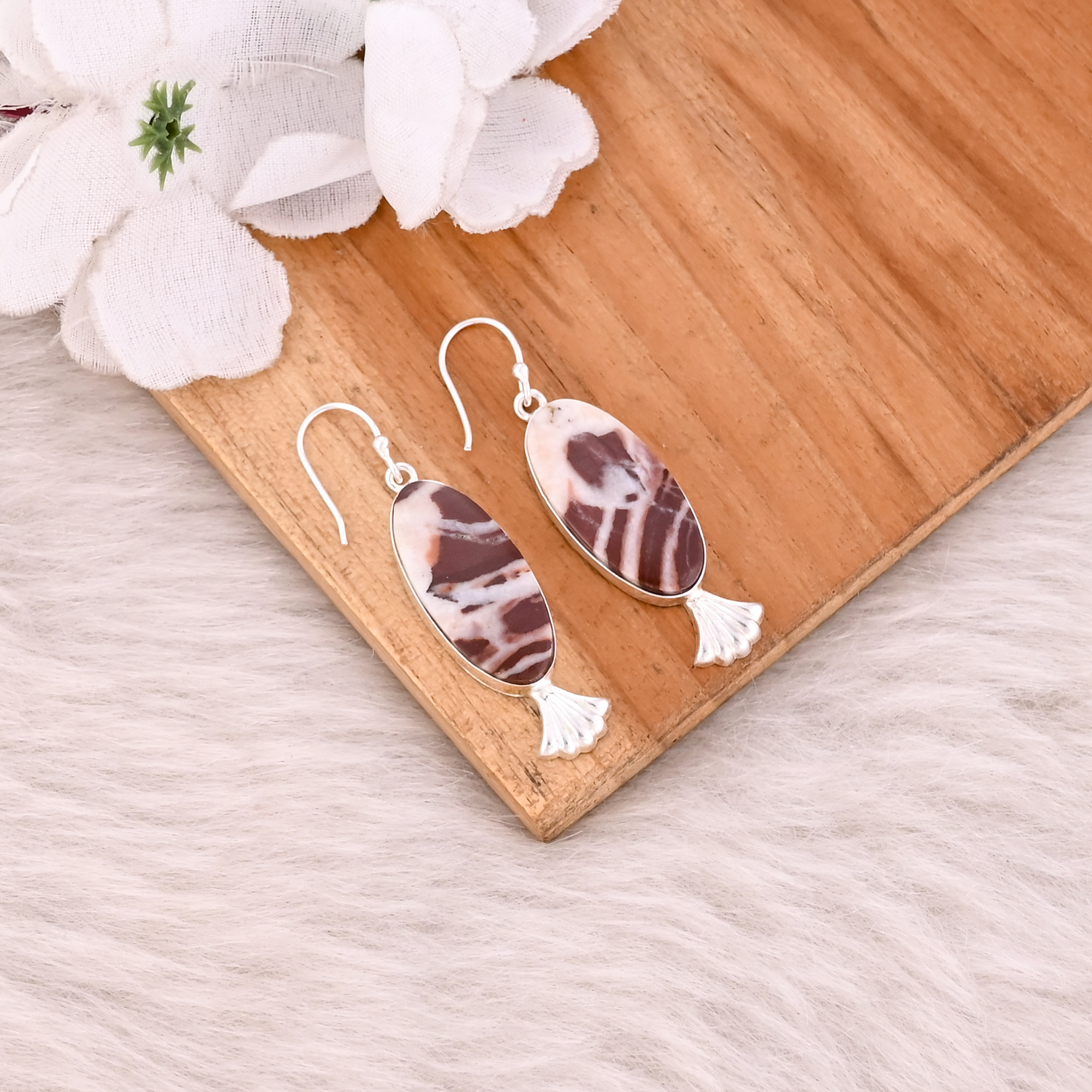 Malinga Jasper Long Oval Gemstone Silver Plated brass Handmade Dangle Earring Women Earring Brass Jewelry